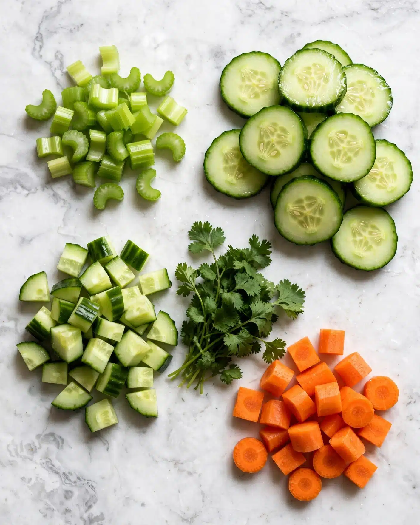 This image shows a white marbled surface with five types of chopped vegetables arranged in separate groups. At the top left are small, bright green celery pieces with a shiny, smooth texture. Beside them on the right are round slices of light to medium green cucumber with a glossy surface and visible seeds inside. Below the celery, more cucumber pieces are cut into small cubes with light green inner flesh and darker green skin. Next to the cucumber cubes is a small bunch of fresh, dark green cilantro leaves with a feathery texture. At the bottom right corner are bright orange carrot pieces cut into square shapes, showing some circular patterns from the inside. The colors are fresh and vivid, and the photo has natural lighting. photo taken with an iphone --ar 4:5 --v 7