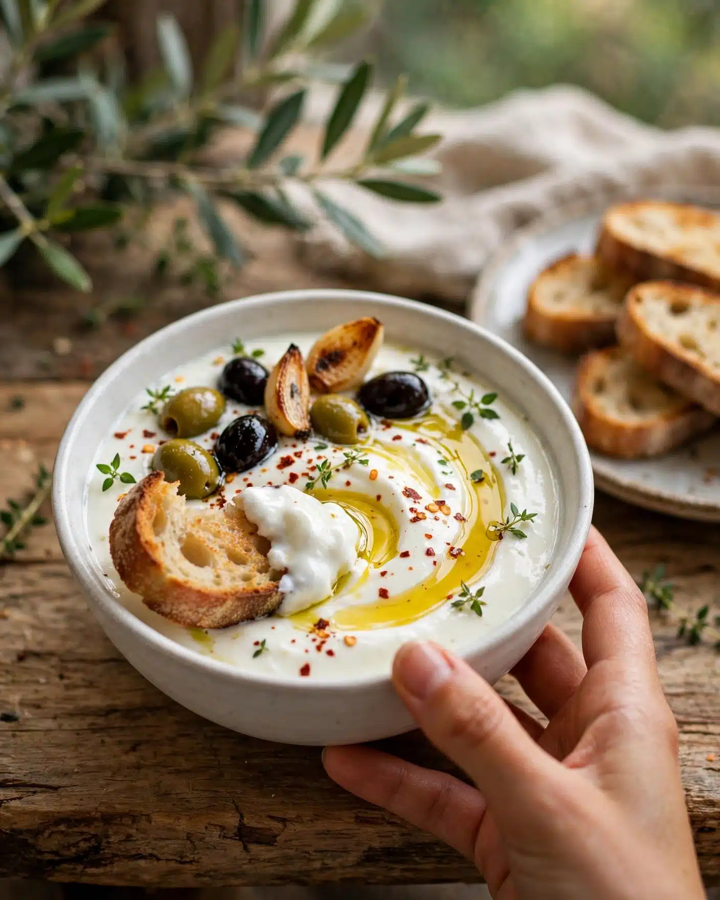 Honey Whipped Feta with Garlic Herb Roasted Olives Recipe 5 A round white bowl filled with creamy white yogurt at the base, topped with a swirl of golden olive oil and scattered black and green olives. There are also two pieces of light brown roasted garlic cloves, small green herb sprigs on the side, and some red chili flakes sprinkled over the yogurt. The bowl is placed on a wooden surface with a piece of toasted bread in the yogurt. A woman's hand is holding the bowl lightly, and there are some green plants and another plate with bread in the background. Photo taken with an iphone --ar 4:5 --v 7