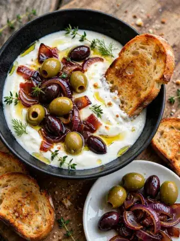 Honey Whipped Feta with Garlic Herb Roasted Olives Recipe