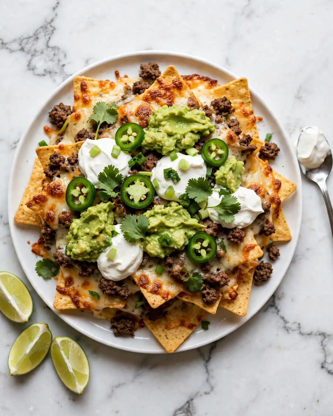 A white plate holds a large pile of nachos with multiple layers. The base layer is golden crispy chips covered in melted cheese with some browned edges and bits of cooked ground meat in dark brown color. On top, there are dollops of bright green guacamole and white sour cream spread unevenly. Fresh green jalapeño slices and chopped green onions add color over the chips, along with scattered fresh cilantro leaves. Lime wedges are placed next to the plate on a white marbled surface, adding a fresh touch. A silver spoon with some sour cream is on the right side of the plate. Photo taken with an iphone --ar 4:5 --v 7