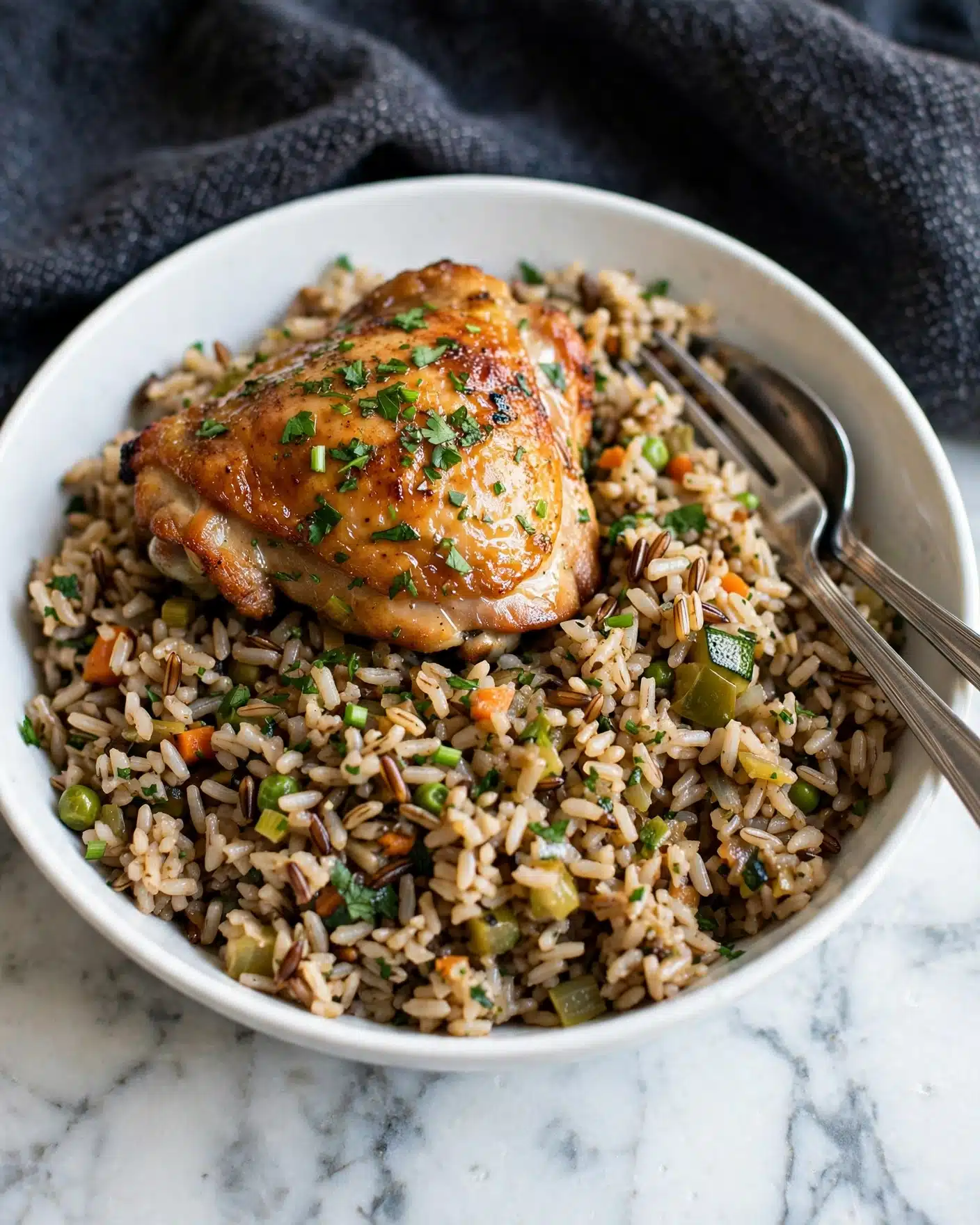 Crockpot Herb Butter Chicken and Wild Rice Recipe 5 A white bowl filled with a base layer of mixed rice showing shades of light brown and dark brown with visible small bits of green herbs and cooked vegetables mixed in. On top sits a piece of golden brown cooked chicken thigh, slightly shiny with oil, sprinkled with finely chopped green herbs. A silver fork and spoon rest on the right side of the bowl, partially sinking into the rice. The setting is on a white marbled surface with a dark textured cloth in the background. Photo taken with an iphone --ar 4:5 --v 7