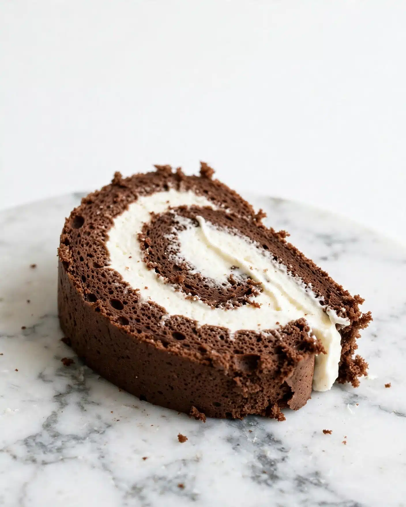 Homemade Pumpkin Roll with Cream Cheese Frosting Recipe 5 A single slice of a rolled cake is shown, with two visible layers: the outer layer is a soft, slightly spongy, dark brown cake with a porous texture, and the inner layer is a thick, creamy white filling that spirals from the center outwards. The cake slice rests on a surface with a white marbled texture, and the background is plain white, highlighting the contrast between the rich brown cake and the bright white cream. photo taken with an iphone --ar 4:5 --v 7