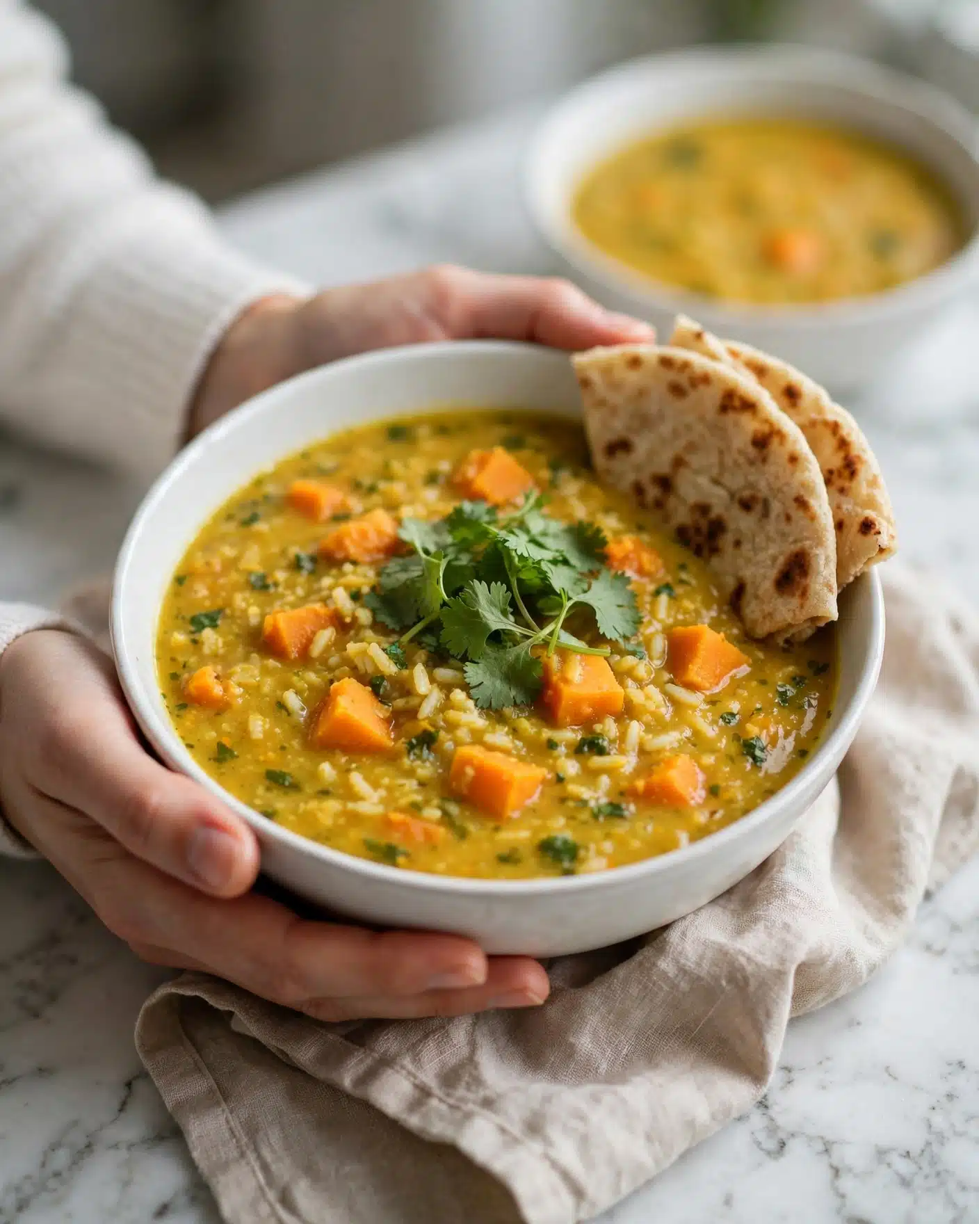 A white bowl filled with thick yellow lentil soup with visible chunks of orange sweet potato, rice grains, and green herbs throughout. The soup is topped with fresh green cilantro leaves in the center. Two folded pieces of light golden brown flatbread with darker toasted spots rest on one side inside the bowl. The bowl is being held by a woman's hands wearing a white sweater, and a beige napkin is draped beneath on a white marbled surface. Another blurred white bowl with similar soup is in the background. Photo taken with an iphone --ar 4:5 --v 7