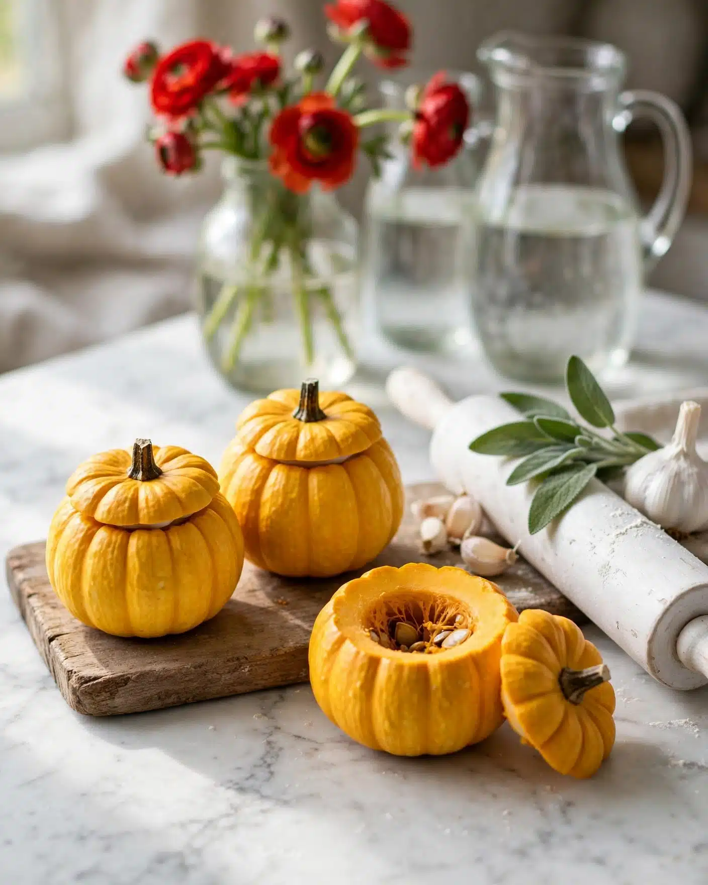 The image shows four small yellow pumpkins on a wooden board placed on a white marbled surface. Three pumpkins have their tops on like lids with dark brown stems, while one pumpkin has its top removed showing the inside. Beside the pumpkins, there is a garlic bulb and green sage leaves resting on a white rolling pin. In the background, there is a glass jug with water holding bright red flowers, all illuminated by natural light creating soft shadows. photo taken with an iphone --ar 4:5 --v 7