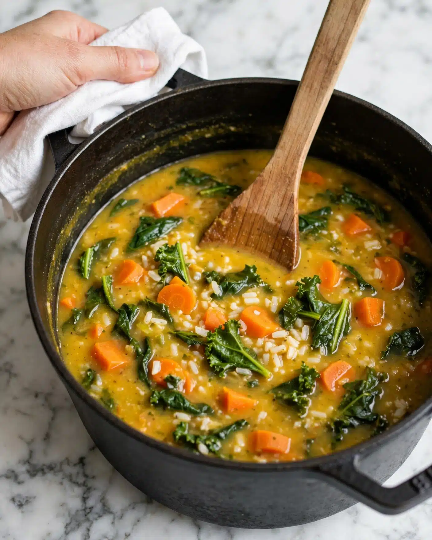 A dark cooking pot filled with a thick soup that has a yellow-orange base, with visible chunks of orange carrot pieces, green leafy vegetables, and grains of white rice mixed in. A wooden spatula rests inside the pot, partially submerged in the soup, showing its smooth wood texture. A woman's hand holding a white cloth grips the pot handle. The pot is set on a white marbled textured surface. photo taken with an iphone --ar 4:5 --v 7