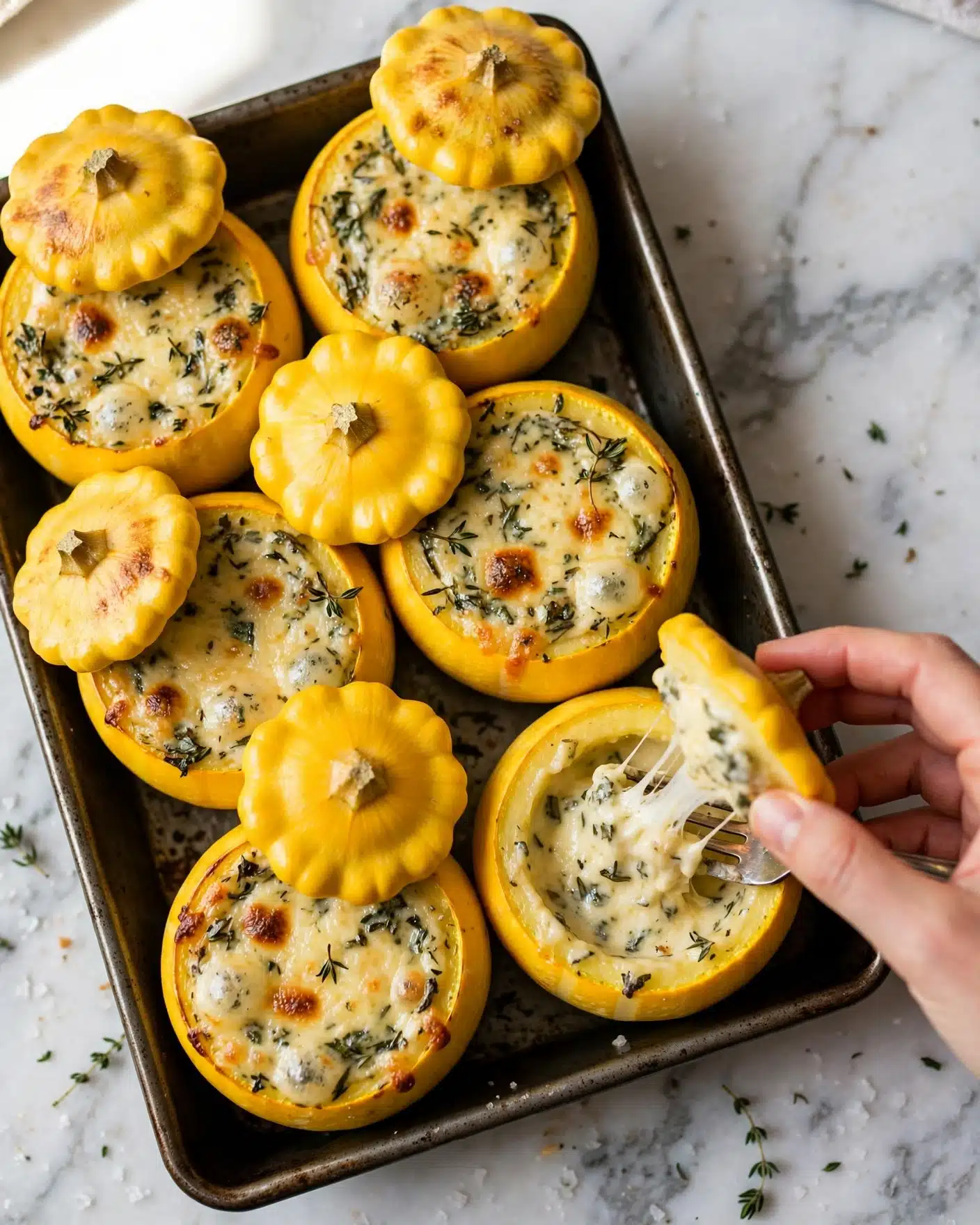 The image shows several small round yellow squash with their tops removed and placed back on as lids, arranged closely in a baking pan. Each squash is filled with a creamy, melted cheese layer mixed with herbs, visible as bubbling and slightly browned on top. Dark green herb leaves are scattered within the cheesy filling, adding texture and contrast. One squash at the bottom right has its lid lifted by a woman's hand holding a fork, revealing the soft, creamy inside with cheese stretching slightly. The whole scene is set on a white marbled surface with soft natural lighting emphasizing the golden colors and rich textures of the dish. photo taken with an iphone --ar 4:5 --v 7