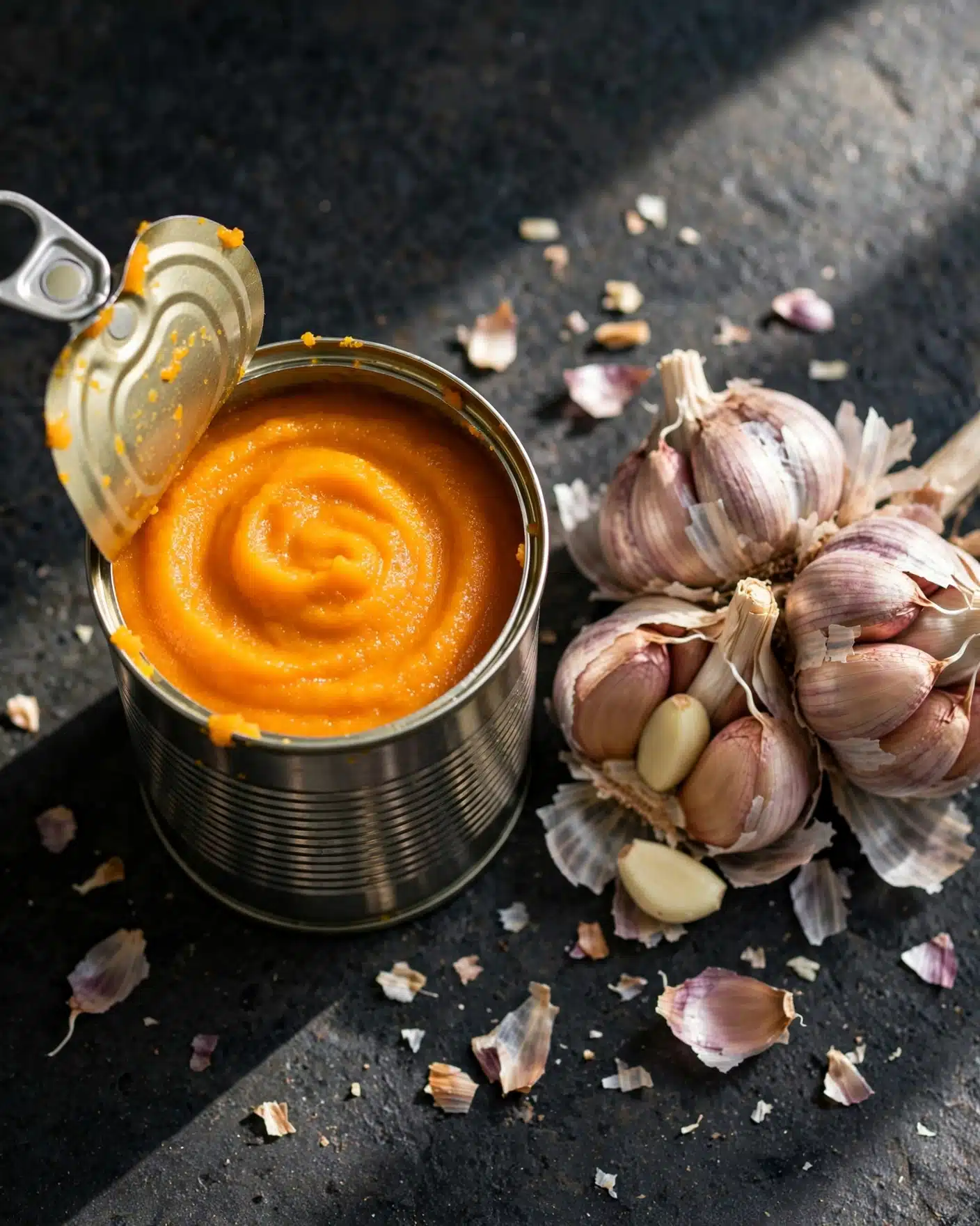 An open can filled with smooth, bright orange pumpkin puree is placed on a dark surface. Next to the can, there is a cluster of garlic bulbs with their light brown and purple skins partially peeled, showing some garlic cloves inside. The surface has small pieces of garlic skin scattered around, adding a natural and slightly messy look. The lighting creates soft shadows, emphasizing the textures of the puree and garlic. photo taken with an iphone --ar 4:5 --v 7
