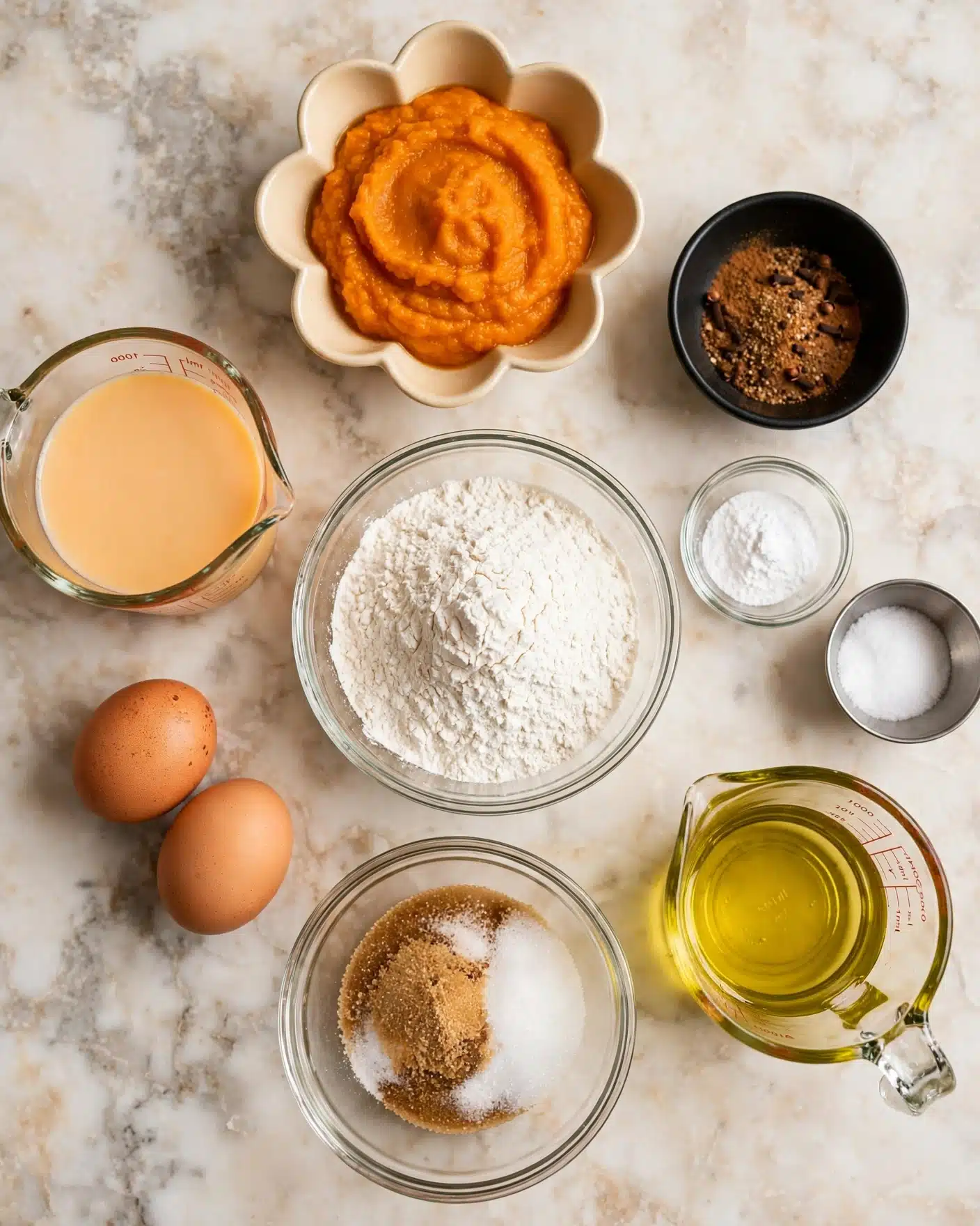 The image shows a top view of baking ingredients neatly placed on a white marbled surface. In the center, there is a clear glass bowl filled with white flour, surrounded by smaller bowls and jars. At the top is a flower-shaped bowl with bright orange pumpkin puree. To the right of it, a small black bowl holds mixed brown spices. Below the spices, a small glass bowl contains white baking soda, and next to it, a small metal bowl has white salt. On the lower right side, a clear glass measuring cup contains light yellow oil. On the left side, two brown eggs rest directly on the surface. Above the eggs, a glass measuring cup holds orange juice or milk. Below the flour bowl, a clear glass bowl contains a mix of brown and white sugars. All containers and ingredients are spaced evenly on the warm white marbled surface. photo taken with an iphone --ar 4:5 --v 7