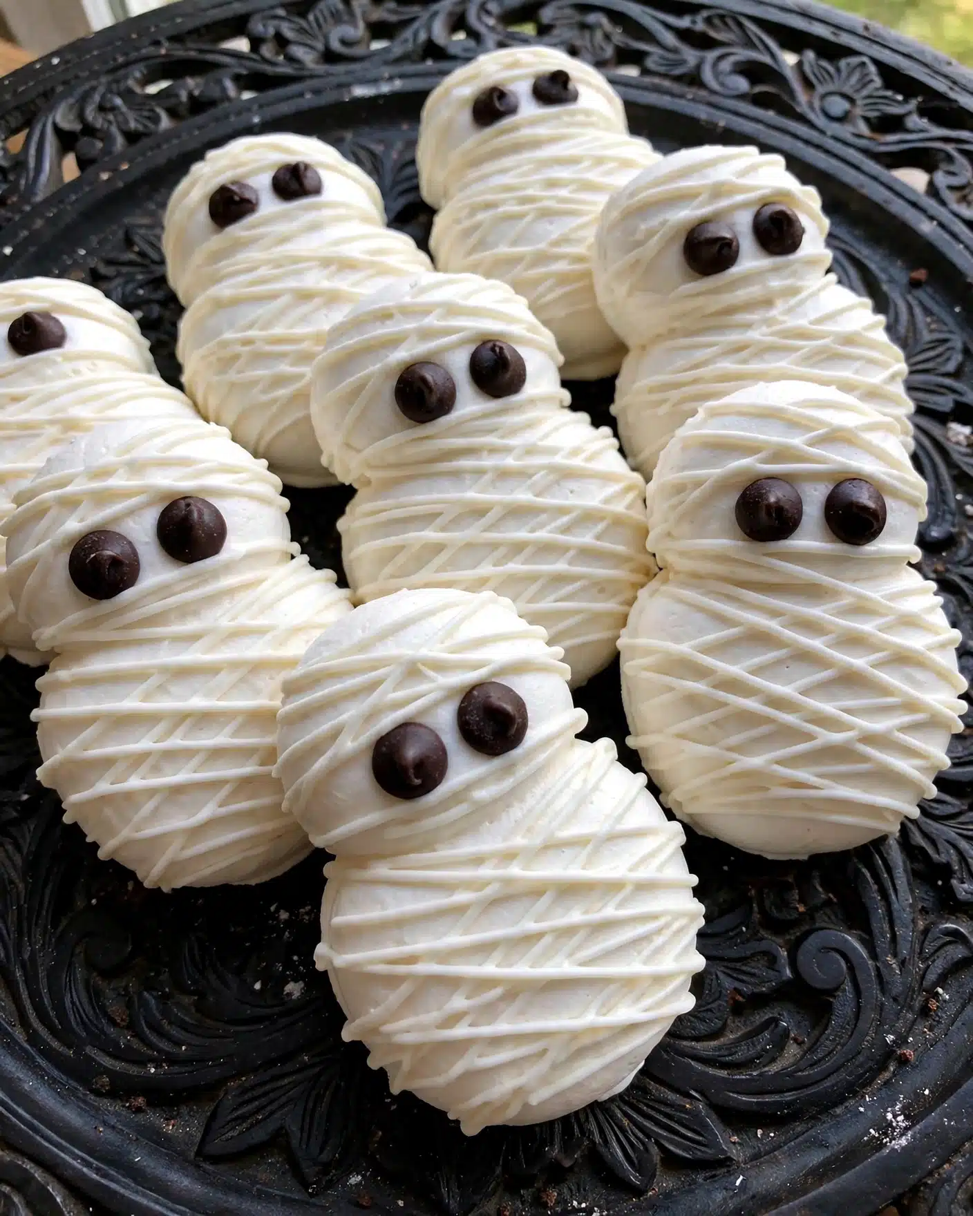The image shows several small mummy-shaped treats arranged closely on a black, carved metal surface. Each treat has a smooth white base layer, covered with thin white lines of icing crisscrossing over the top to mimic mummy wrappings. On the upper part of each treat, there are two small round dark chocolate pieces placed to look like eyes. The texture of the white base is soft and slightly rounded, giving each piece a plump and neat appearance. photo taken with an iphone --ar 4:5 --v 7