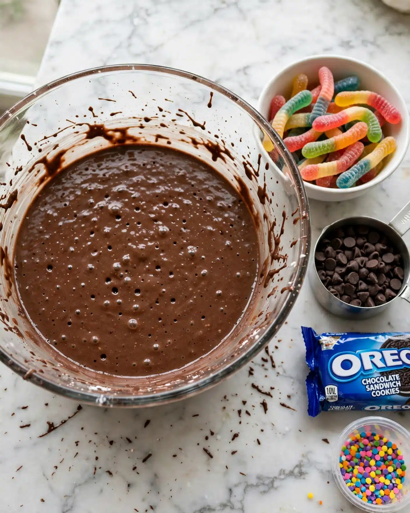 The image shows a large clear glass bowl filled with a smooth chocolate brown batter that has some small bubbles on top. The bowl is placed on a white marbled surface with some slight splash marks of batter around the edges inside the bowl. Nearby, there is a white bowl holding colorful gummy worms and a metal measuring cup filled with small dark chocolate chips. Also visible is a wrapped pack of Oreo cookies and a small container of colorful round sprinkles. Photo taken with an iphone --ar 4:5 --v 7