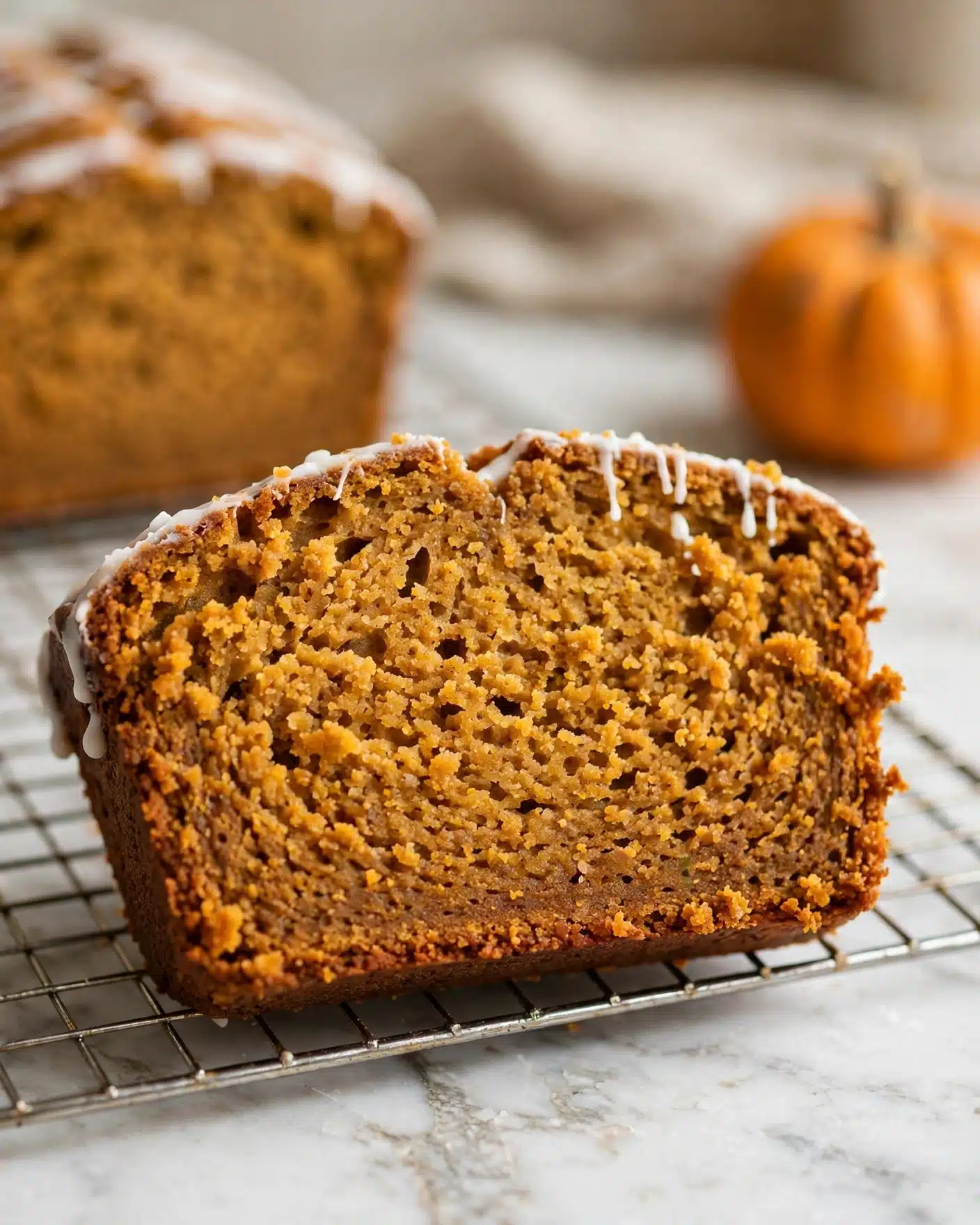 The image shows a close-up of a slice of pumpkin bread placed on a cooling rack over a white marbled surface. The pumpkin bread slice is thick with a rough, crumbly texture and golden-brown color. It has a thin layer of white icing along the edge on the top side. Behind the slice, more pumpkin bread and a small pumpkin can be seen softly blurred, all resting on the same white marbled surface. The scene has warm, inviting colors and soft lighting that highlights the bread’s moist crumb. photo taken with an iphone --ar 4:5 --v 7