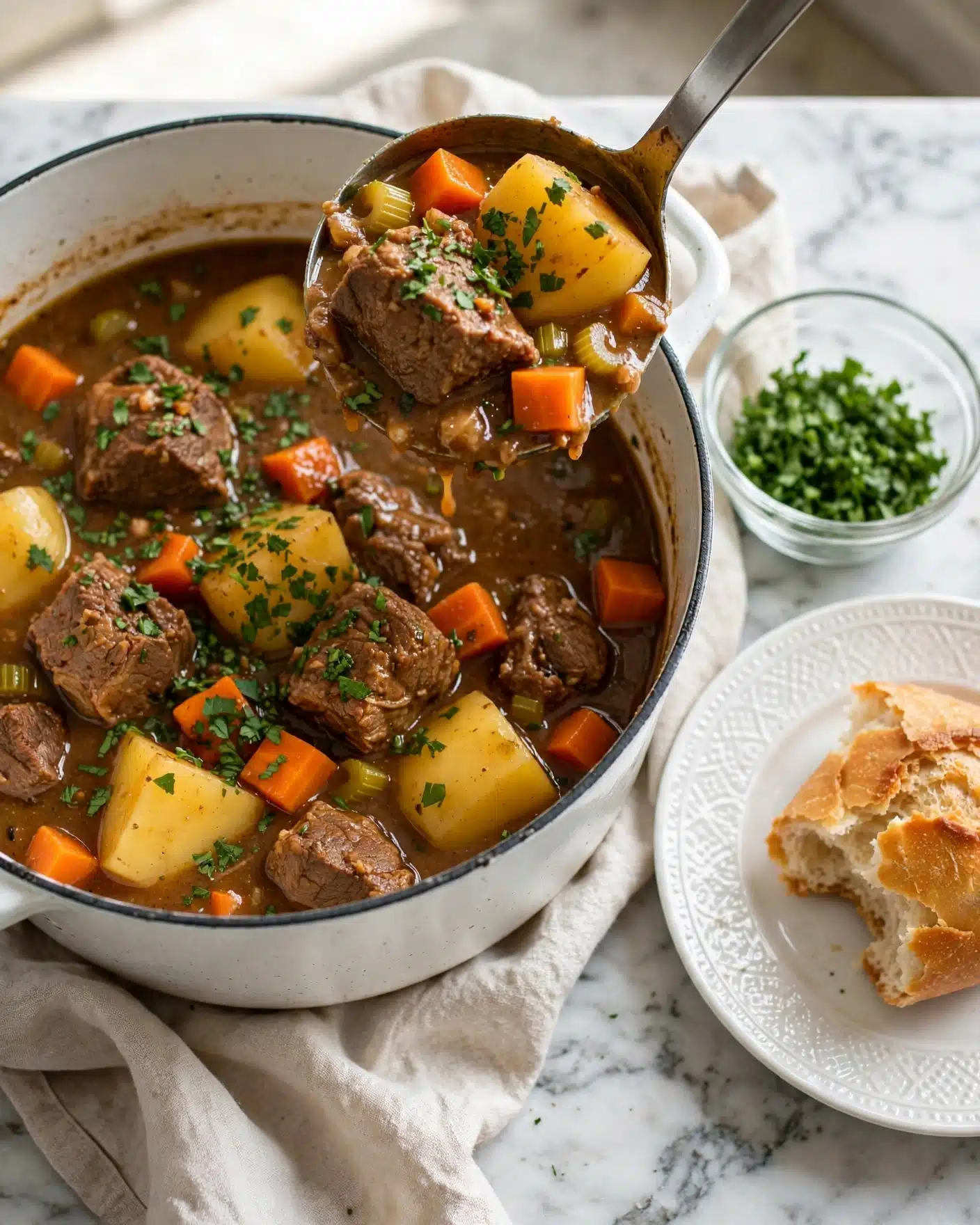 A large white pot filled with a rich brown stew containing thick chunks of browned meat, large yellow potato pieces, bright orange carrot cubes, and bits of green celery, all simmering together in a thick sauce. The stew is garnished with chopped fresh green herbs. A large ladle is scooping a mix of meat, potatoes, and carrots from the stew. Nearby, there is a torn piece of crusty golden bread resting on a white plate with a textured pattern, and a small clear glass bowl filled with finely chopped green herbs. The whole scene is set on a white marbled surface with a light-colored cloth partially under the pot. Photo taken with an iphone --ar 4:5 --v 7