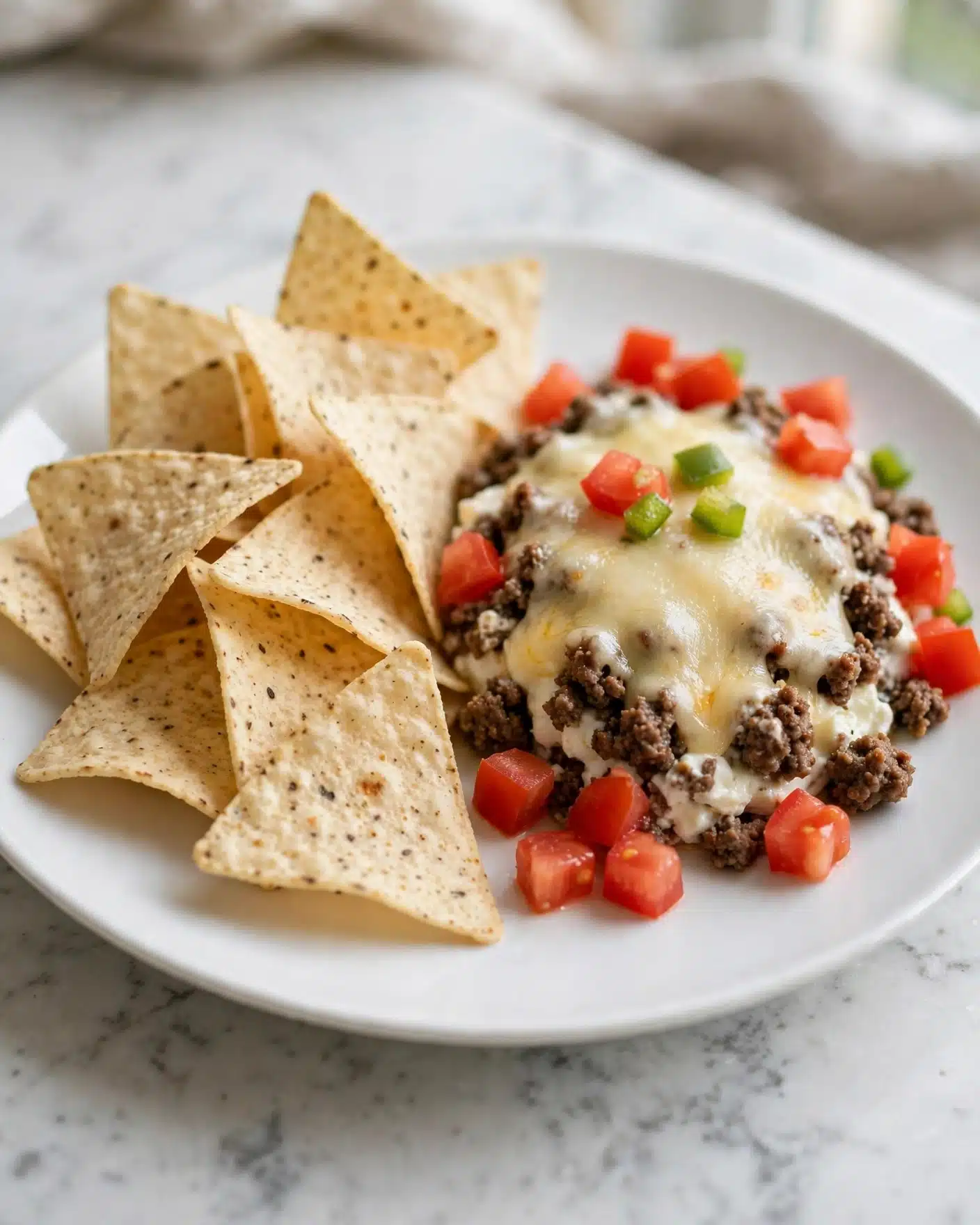 A white plate holds a dish arranged in two main parts. On one side, there are light beige tortilla chips with small dark specks, standing upright and slightly overlapping each other. The other side has a layered mixture starting with a base of dark brown cooked ground meat mixed with white creamy cheese, topped with a melted layer of pale yellow cheese. Small cubes of bright red tomatoes are scattered around the meat and cheese, with a few small green pieces of pepper on top. The plate sits on a white marbled surface. Photo taken with an iphone --ar 4:5 --v 7