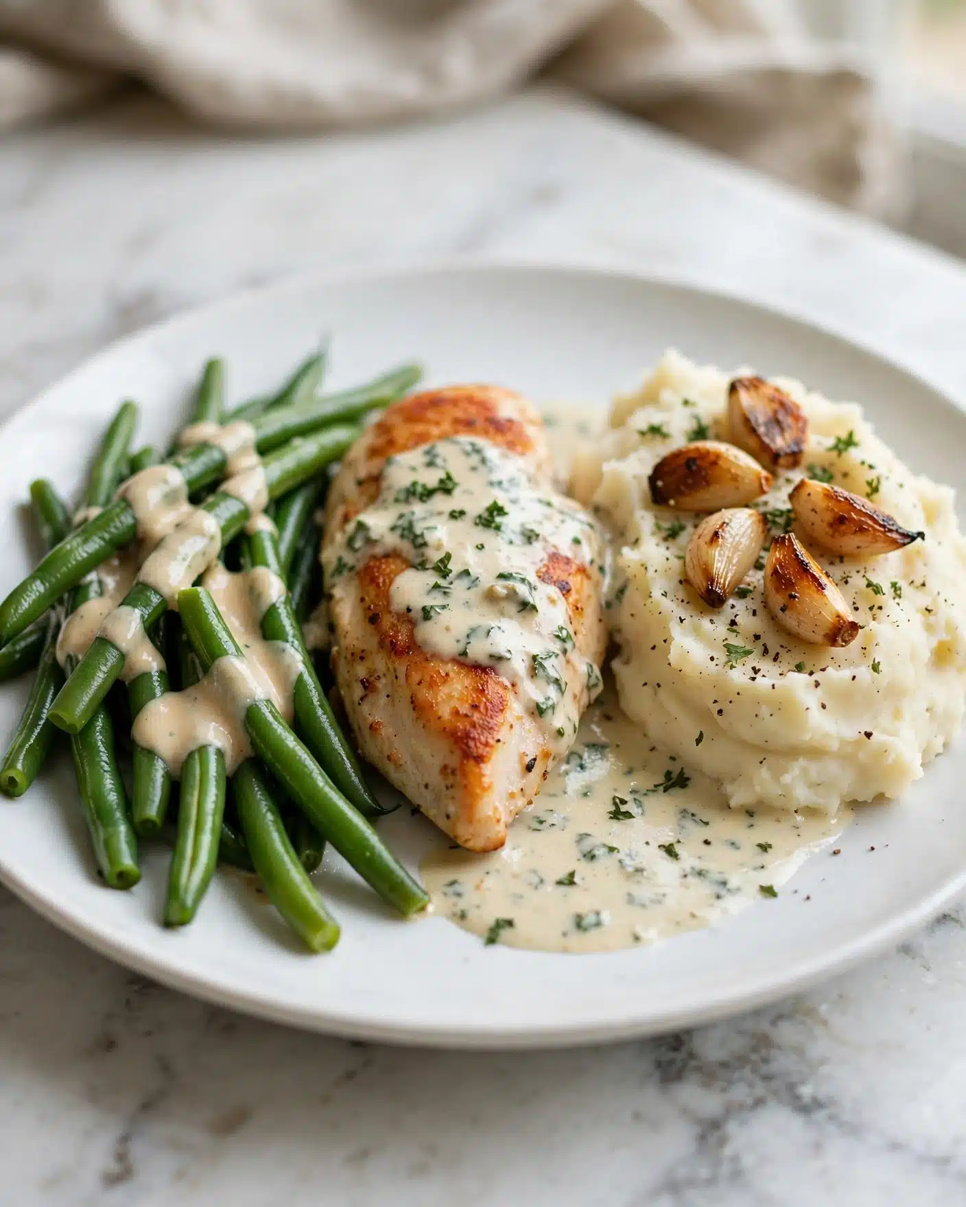 A white plate holds a meal with three main parts. On the left side, there is a layer of bright green green beans, lightly covered with a creamy light beige sauce. In the middle, there is a piece of cooked chicken with a golden brown color, topped with a creamy sauce that has small green herb bits in it. On the right side, a creamy mashed potato layer shows roasted garlic cloves on top, sprinkled with black pepper and chopped green herbs, with some sauce spreading onto the plate near the chicken and potatoes. The plate sits on a white marbled surface. photo taken with an iphone --ar 4:5 --v 7