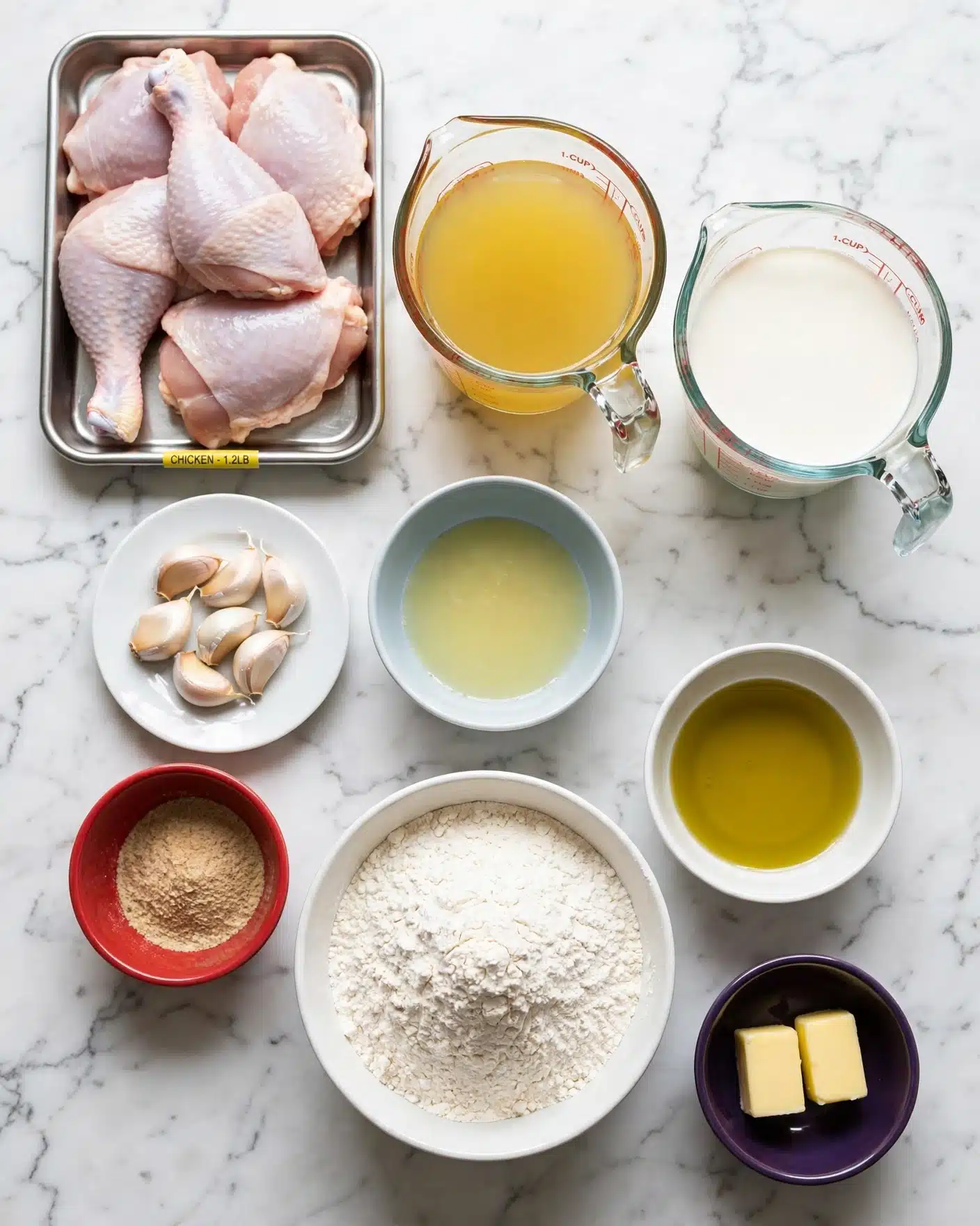 The image shows nine different ingredients neatly arranged on a white marbled surface. At the top left is a silver tray holding raw chicken with a yellow label. To the right of the chicken are two clear measuring cups, one with yellow chicken broth and the other with white heavy cream. Below the chicken tray, there is a white plate with several whole garlic cloves. Near the center, a small pale blue bowl contains lemon juice. Below the garlic plate, a small red bowl holds garlic powder. In the center bottom part of the image, a larger white bowl is filled with white flour. To the right of this flour bowl, a small white bowl contains olive oil with a yellow tint. Lastly, a small dark purple bowl at the bottom right corner holds two small blocks of yellow butter. All the elements are spread in a balanced way on a white marbled surface. Photo taken with an iphone --ar 4:5 --v 7