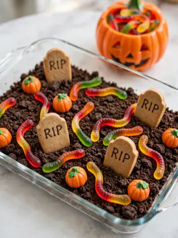 Halloween Sheet Cake with Gummy Worms, Candy Corn Pumpkins, and Risqué "RIP" Cookies Recipe