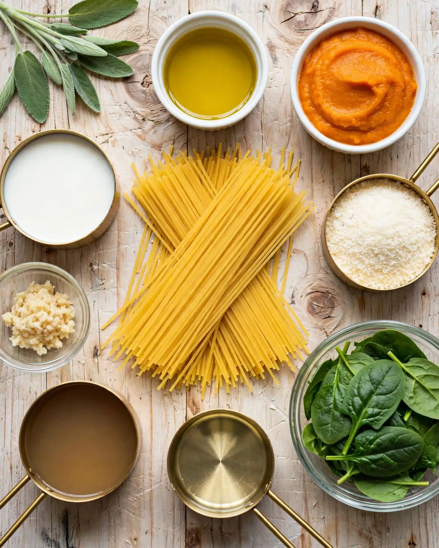 The image shows a top-down view of various cooking ingredients arranged on a wooden surface. In the center, there is a neat pile of long, uncooked yellow pasta strands. Surrounding it, clockwise from the top, there is a small white cup filled with golden olive oil, a white bowl holding a smooth, bright orange pumpkin puree, and a golden measuring cup filled with finely grated white Parmesan cheese. Next to that, a clear glass bowl contains fresh, dark green spinach leaves. Below the spinach is another golden measuring cup filled with clear white wine vinegar. To the left is a golden measuring cup with light brown broth, a golden measuring cup filled with white milk, and a small clear bowl with a mound of light beige minced garlic. In the top left corner, there are fresh green sage leaves. The entire layout rests on a rustic light wood background. photo taken with an iphone --ar 4:5 --v 7