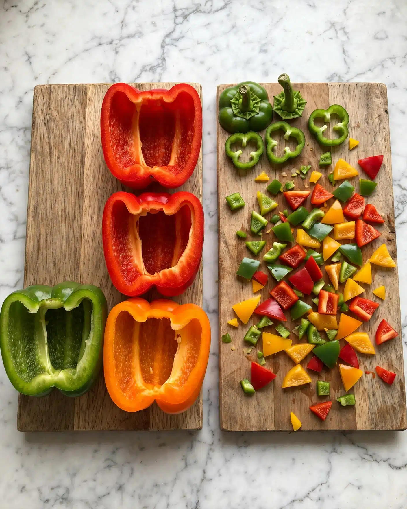 The image shows two wooden boards on a white marbled surface. On the left board, there are four hollow bell pepper halves arranged in a square: one green pepper at the bottom left, one orange pepper at the bottom right, and two red peppers stacked vertically on the right. On the right board, there are many smaller pieces of the same colored peppers—green, red, and yellow—cut into triangular and irregular shapes scattered across the wooden surface. The top of this board has the green stems attached to small rings of the pepper tops. Photo taken with an iphone --ar 4:5 --v 7