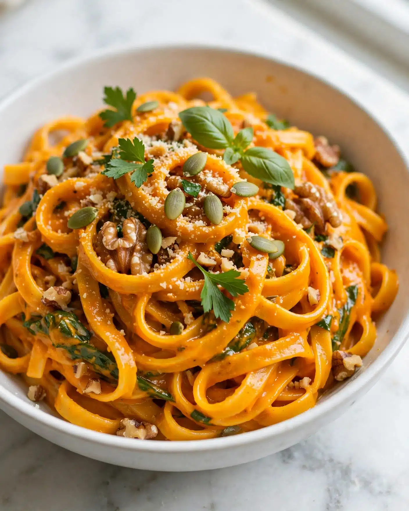 This dish shows a large serving of pasta with a bright orange sauce that coats each noodle. The pasta has a smooth texture and is curled and layered in a white bowl. Mixed in the pasta are green leafy herbs and pieces of nuts, some whole and some chopped. On top, there are green pumpkin seeds scattered along with small bits of grated cheese, which add a light dusting of white. The green herb leaves are fresh and placed on top for decoration. The bowl sits on a white marbled surface. photo taken with an iphone --ar 4:5 --v 7