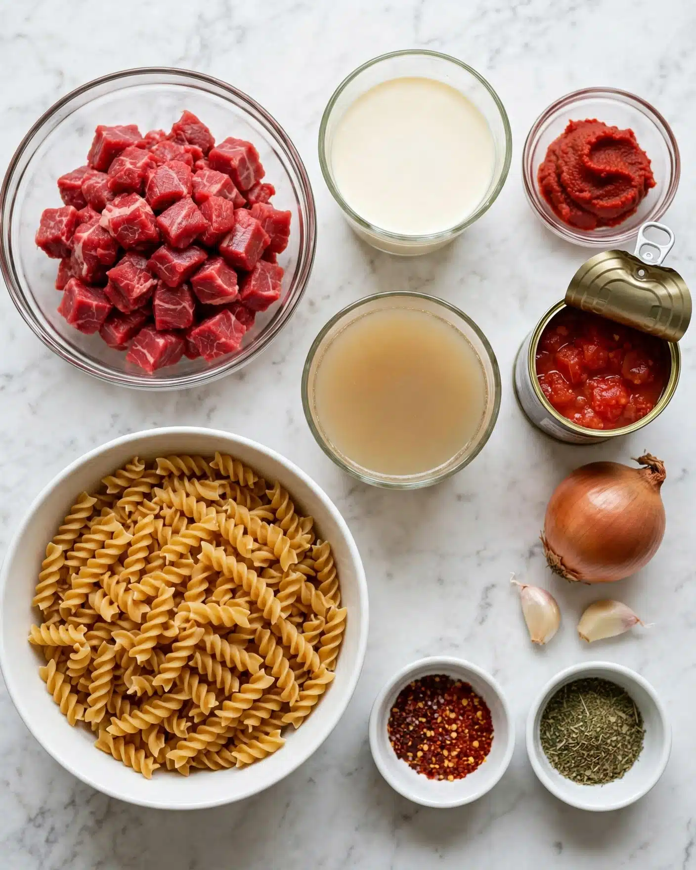 The image shows raw ingredients neatly arranged on a white marbled surface, starting with a clear bowl at top left filled with bright red raw beef, next to it a clear glass cup of light cream, followed by another clear glass cup of beige chicken broth below. Below them is a large white bowl full of uncooked golden brown spiral pasta. On the right side, small clear bowls and loose ingredients include bright red tomato paste in a bowl, a can half opened showing chunky red tomatoes, a whole brown onion, two pale garlic cloves, and small white bowls with dark red pepper flakes and green Italian herbs. The colors range from red, cream, golden brown, to green and beige, all neatly organized and ready for cooking. photo taken with an iphone --ar 4:5 --v 7