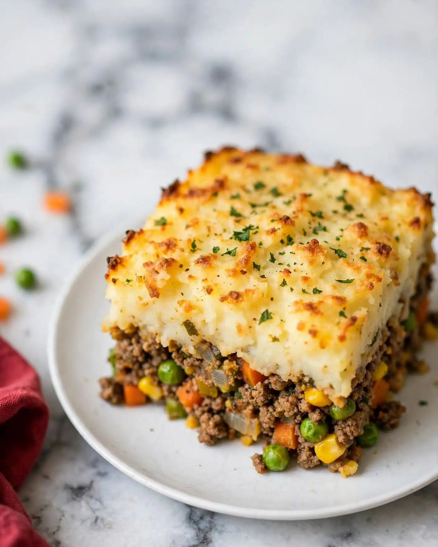 A close-up of a square slice of shepherd's pie on a white plate, showing two main layers: the bottom layer is a mix of cooked ground meat with green peas and yellow corn, rich brown in color and slightly crumbly in texture, while the top layer is thick mashed potatoes, creamy pale yellow with a golden brown crust and sprinkled green herbs on top. The plate is on a white marbled surface with some scattered green herbs around the plate, giving it a fresh look. In the background, a red cloth is partially visible. Photo taken with an iphone --ar 4:5 --v 7