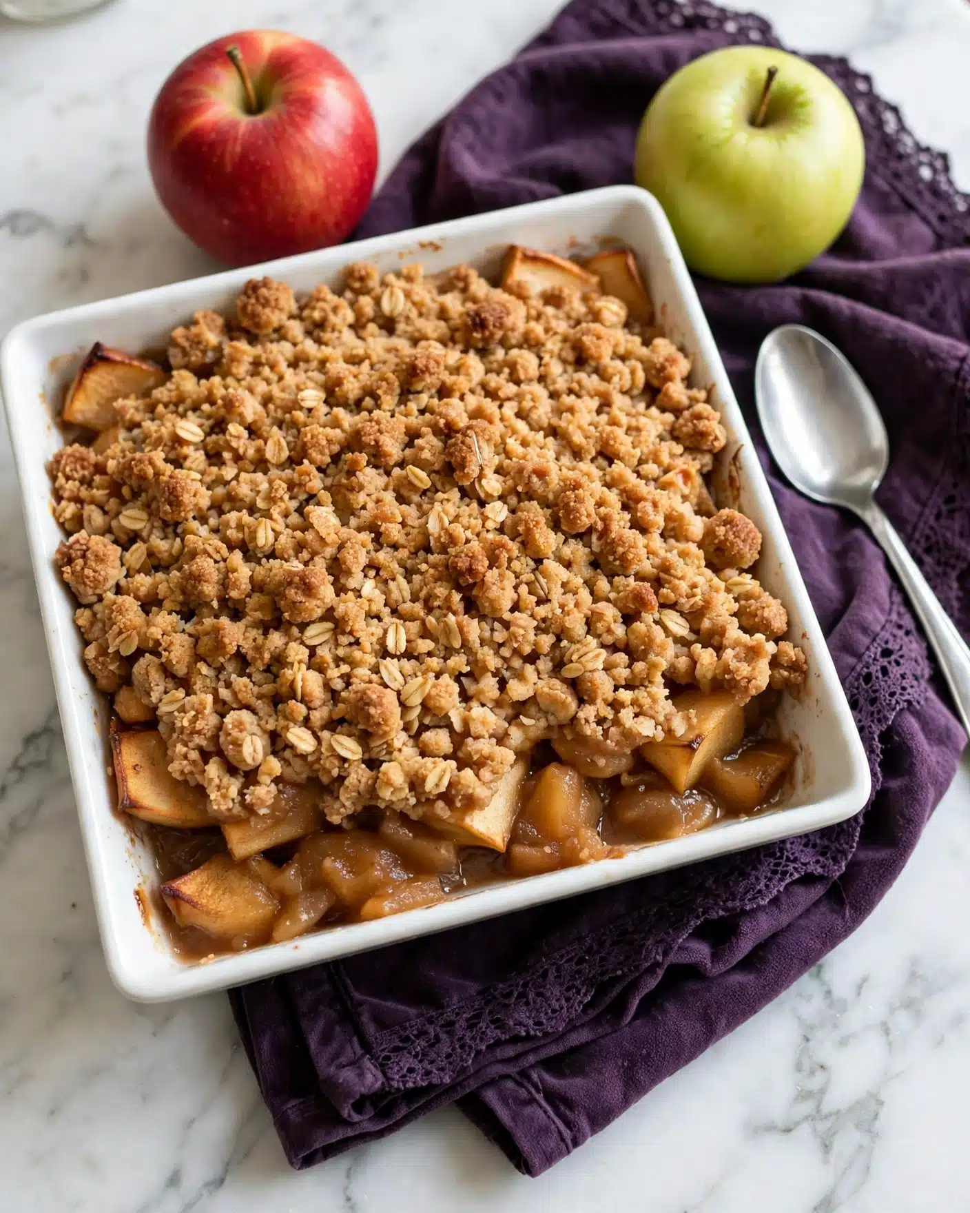 A white square dish filled with a layered apple crumble, showing chunks of baked apples underneath a thick, crumbly topping made of oats and brown sugar. The crumble topping is golden brown with a rough texture, covering the entire surface. The dish rests on a folded dark purple cloth with lace edges, with a silver spoon placed beside it. In the background, two whole apples, one red and one green, sit partially on the cloth, all set against a white marbled surface. Photo taken with an iphone --ar 4:5 --v 7