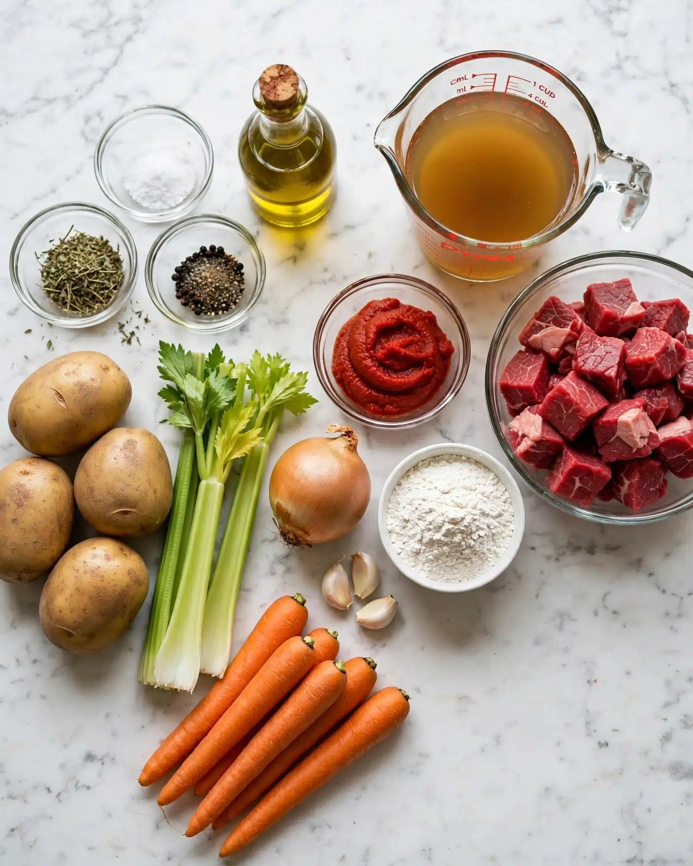 The image shows all ingredients for a stew laid out neatly on a white marbled surface. There are four light brown potatoes on the bottom left next to three green celery stalks with leaves on top. Five orange carrots lie below the celery, slightly overlapping. To the right, a whole light brown onion sits above three garlic cloves. Next to the garlic is a small white bowl filled with white flour. Above the flour is a clear bowl holding a red tomato paste. To the far right, a larger clear bowl contains raw cubed beef with red and pink hues. Above the beef bowl is a glass measuring cup filled with golden brown broth. Small glass bowls with dried herbs and salt and pepper are near the top left, with a small bottle of golden olive oil nearby. The photo was taken with an iphone --ar 4:5 --v 7