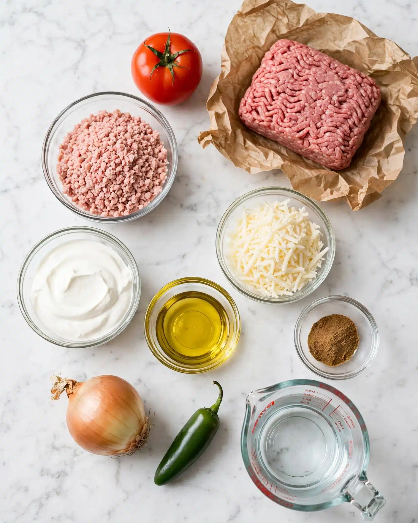The image shows several raw ingredients placed on a white marbled surface. There is a rectangular block of pink ground meat on crumpled brown parchment paper towards the top right. To its left, a round clear glass bowl filled with light pink crushed beans and above it a bright red tomato. Below these, a round clear glass bowl of white sour cream; a small clear glass bowl with golden yellow oil; another round bowl filled with shredded white cheese; a small clear bowl of brown ground spices; a whole yellow onion; a green jalapeño pepper; and a clear glass measuring cup with water. The arrangement is neat and spaced out, showing the fresh and raw condition of the ingredients. Photo taken with an iphone --ar 4:5 --v 7