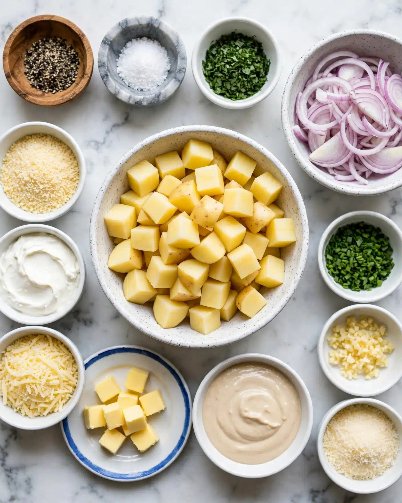 A white speckled bowl in the center holds many small light yellow cubed potatoes. Around it, from left to right, are several small white bowls: one with fine light yellow crumbs, one with thick white cream, one with light yellow shredded cheese, and one with small yellow butter cubes on a white plate with a blue rim. On the top edge, a small wooden bowl contains crushed black pepper, next to it is a small gray marble bowl with salt, then a small white bowl with green herbs. On the right side, a white speckled bowl holds thin light purple sliced onions, below it is a white bowl with thick light beige sauce, and next to it are three more small white bowls holding chopped green chives, minced pale yellow garlic, and finely grated Parmesan cheese. All are arranged neatly on a white marbled surface photo taken with an iphone --ar 4:5 --v 7