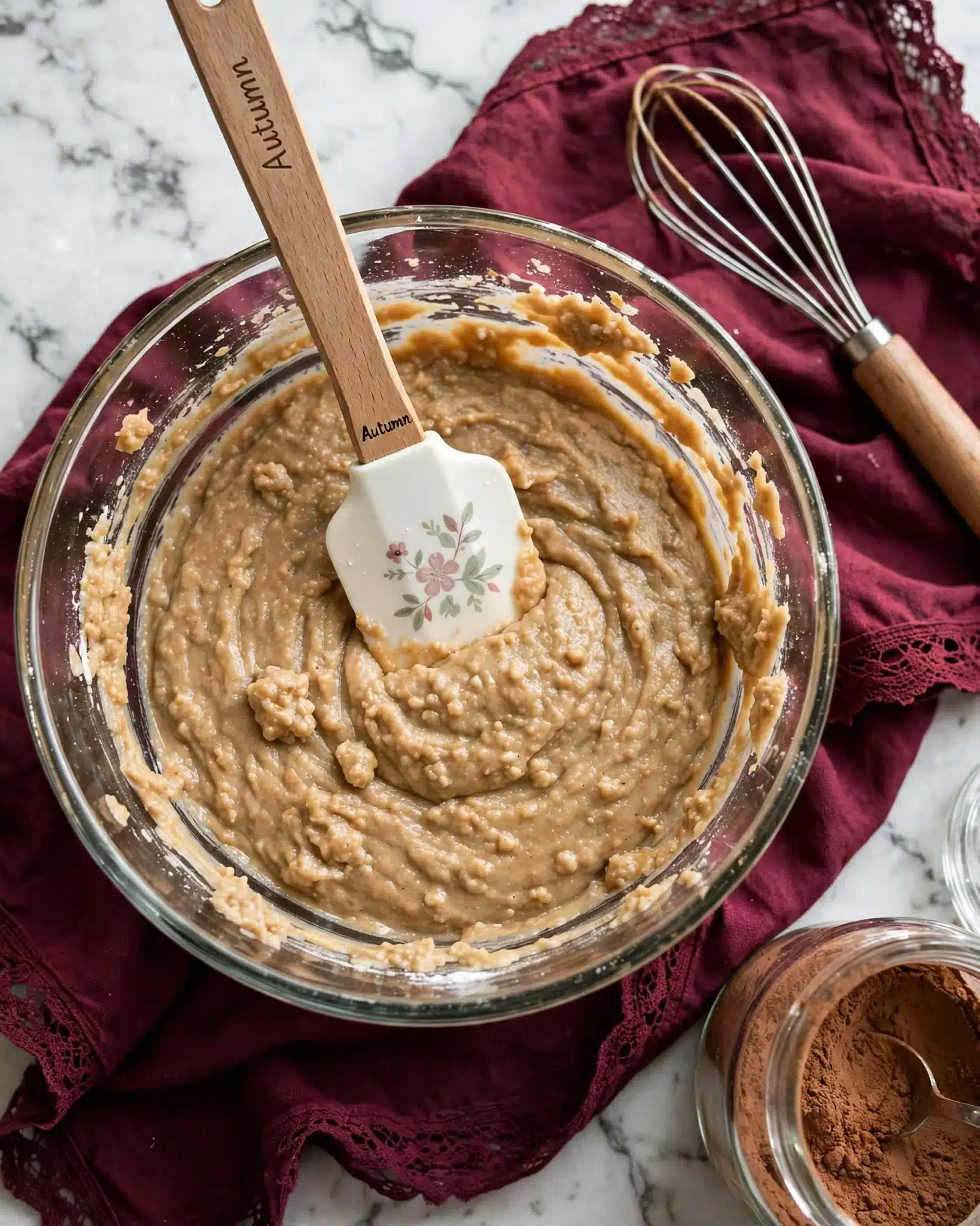 A clear glass bowl filled with thick, light brown batter that has a smooth texture with some small lumps, a wooden spatula with a white, floral-decorated silicone head resting inside the bowl, and the spatula has 