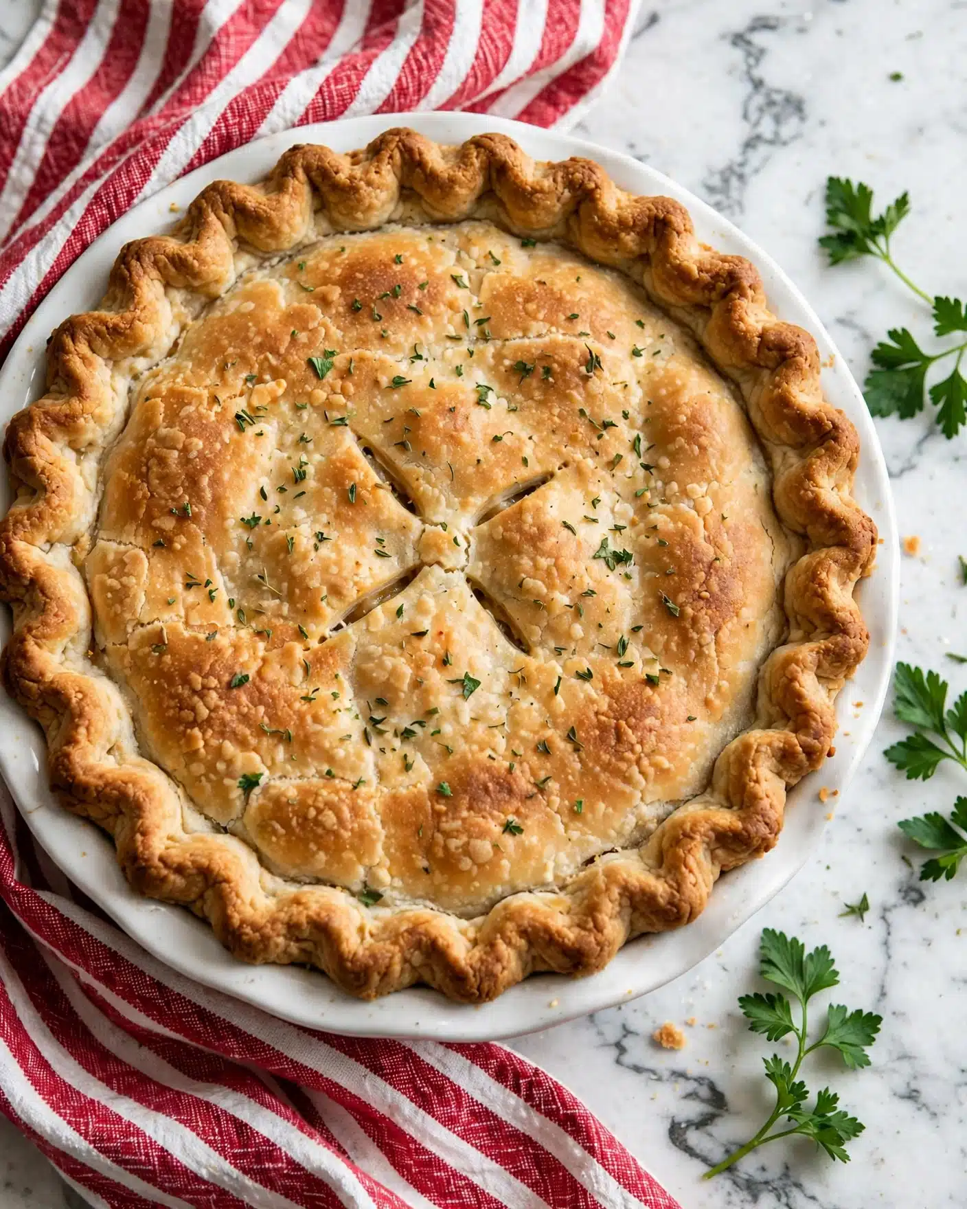 A round pie with one layer, showing a golden brown crust that is thick and crimped along the edge in a wave-like pattern. The crust top is slightly textured with light browning and small scattered green herb bits, along with a few small vent cuts in the center. The pie is placed in a white ceramic dish, sitting on a red and white striped cloth on a white marbled surface, with some green parsley sprigs nearby. photo taken with an iphone --ar 4:5 --v 7