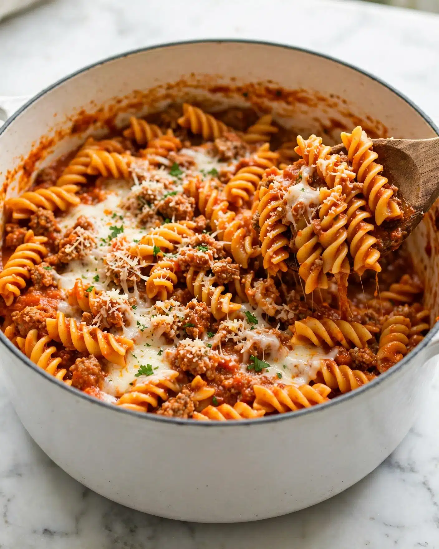 A large white pot filled with spiral pasta mixed with a thick orange-red sauce, speckled throughout with ground meat and bits of melted white cheese. The top is sprinkled with grated parmesan cheese and small green parsley pieces. A wooden spoon lifts some pasta on the right side, creating a slight texture contrast. The pot sits on a white marbled surface. photo taken with an iphone --ar 4:5 --v 7