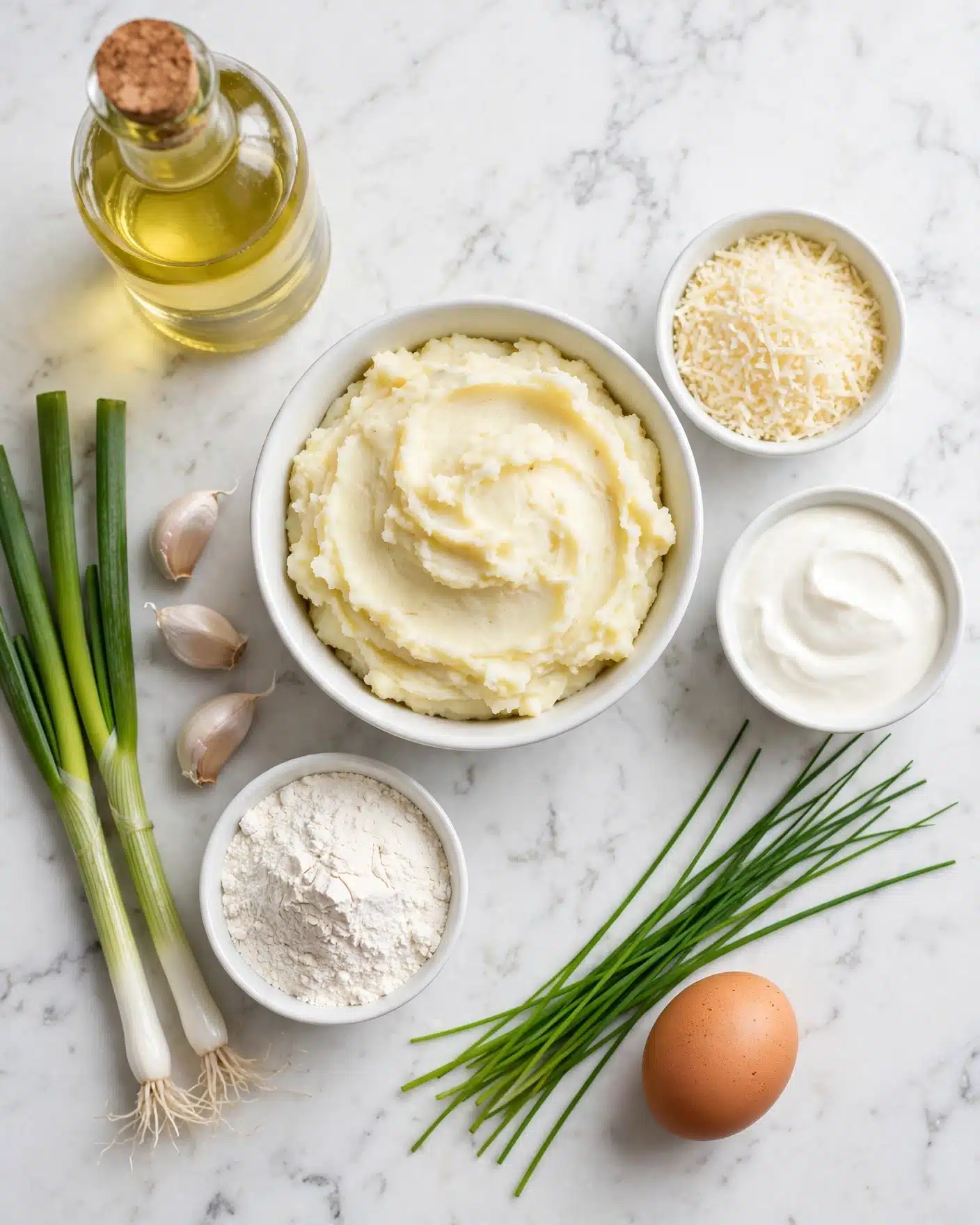 A white bowl filled with creamy mashed potatoes sits in the center, surrounded by smaller white bowls containing fine grated cheese, smooth sour cream, and white flour. There is a single brown egg placed near bright green chives, which lie diagonally across the image. Three whole garlic cloves and three green onions with white roots are arranged on the left side. A glass bottle filled with light yellow cooking oil is seen at the top left. All items rest on a white marbled surface with a soft, natural light coming from above. Photo taken with an iphone --ar 4:5 --v 7