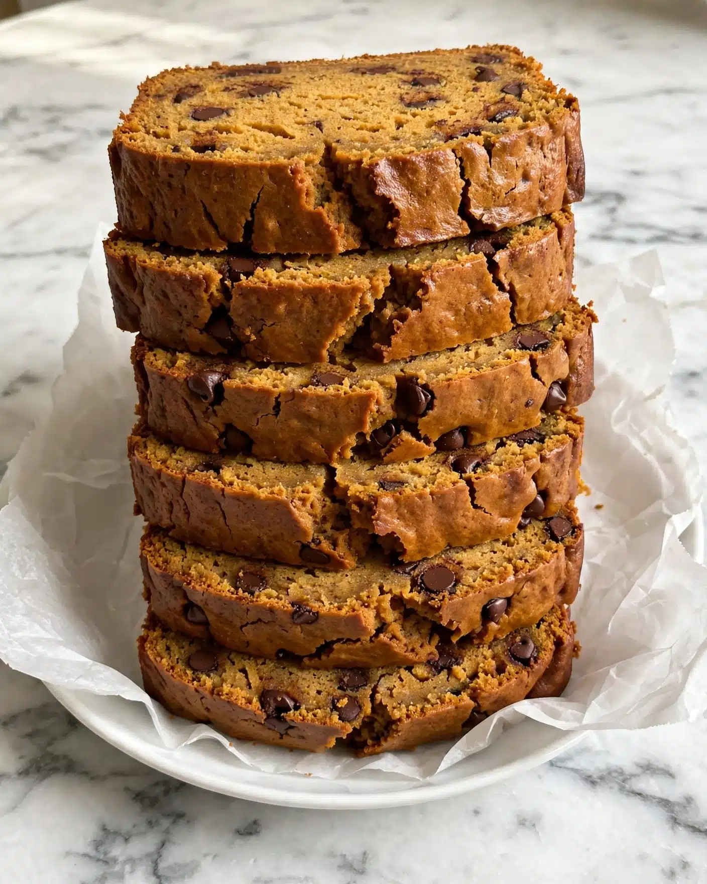 The image shows six thick slices of moist chocolate chip pumpkin bread stacked on white parchment paper in a white plate. The bread is dense with a warm orange-brown color and dark chocolate chips scattered throughout each slice. The texture looks soft with cracks and a slightly shiny top crust. The plate rests on a white marbled surface photo taken with an iphone --ar 4:5 --v 7