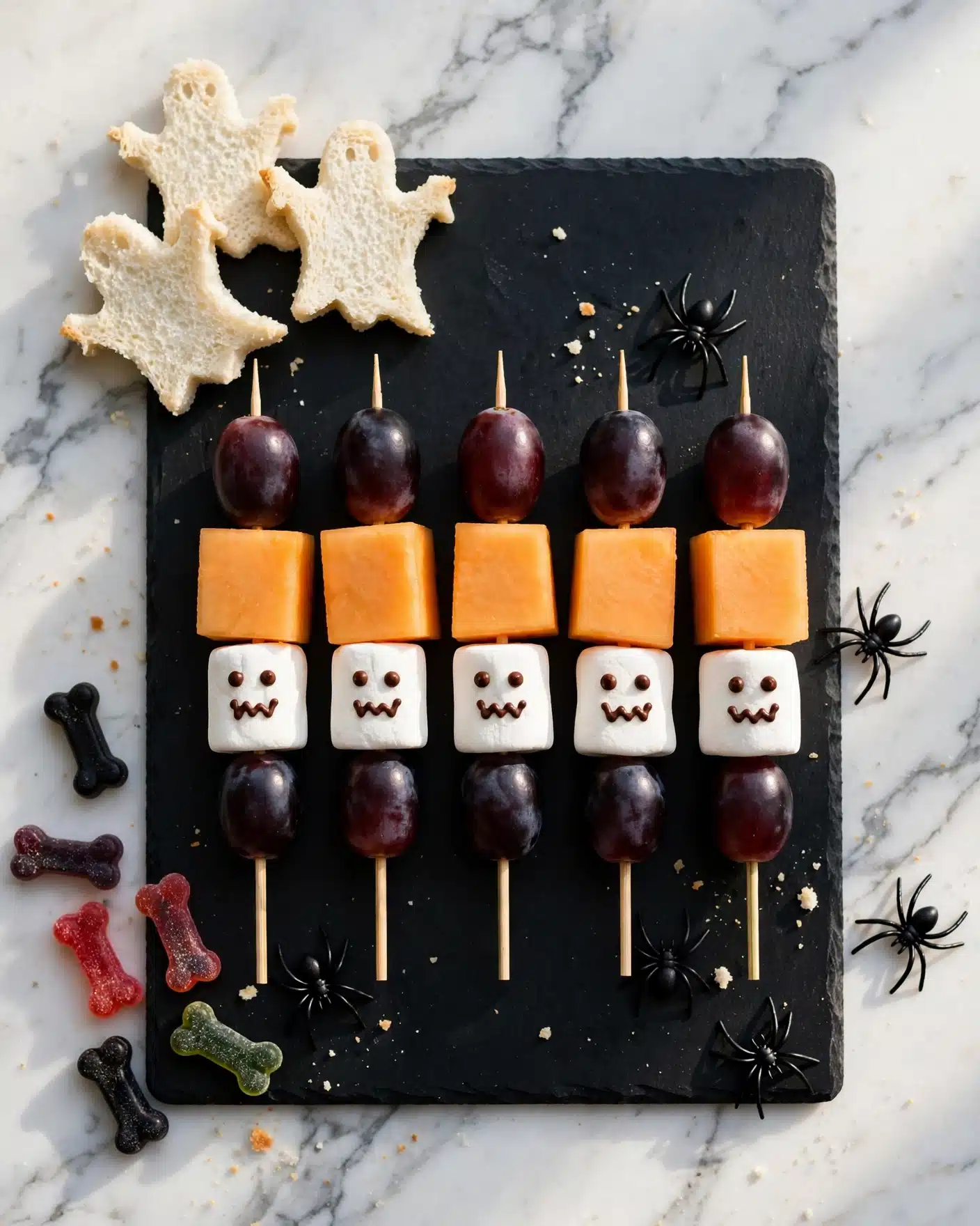 Halloween Kid-Friendly Snack Board Recipe 4 The image shows five fruit skewers arranged side by side on a black board placed on a white marbled surface. Each skewer has four layers from top to bottom: a dark purple grape, a bright orange cantaloupe cube, a white marshmallow with small chocolate dots forming a ghost face, and another dark purple grape at the bottom. On the left top corner, there are three triangle-shaped white bread pieces with jagged edges resembling ghost shapes. On the left side of the black board, there are small gummy candies in shades of black, purple, red, and green shaped like bones. Small black plastic spider props are scattered on and near the skewers. Photo taken with an iphone --ar 4:5 --v 7
