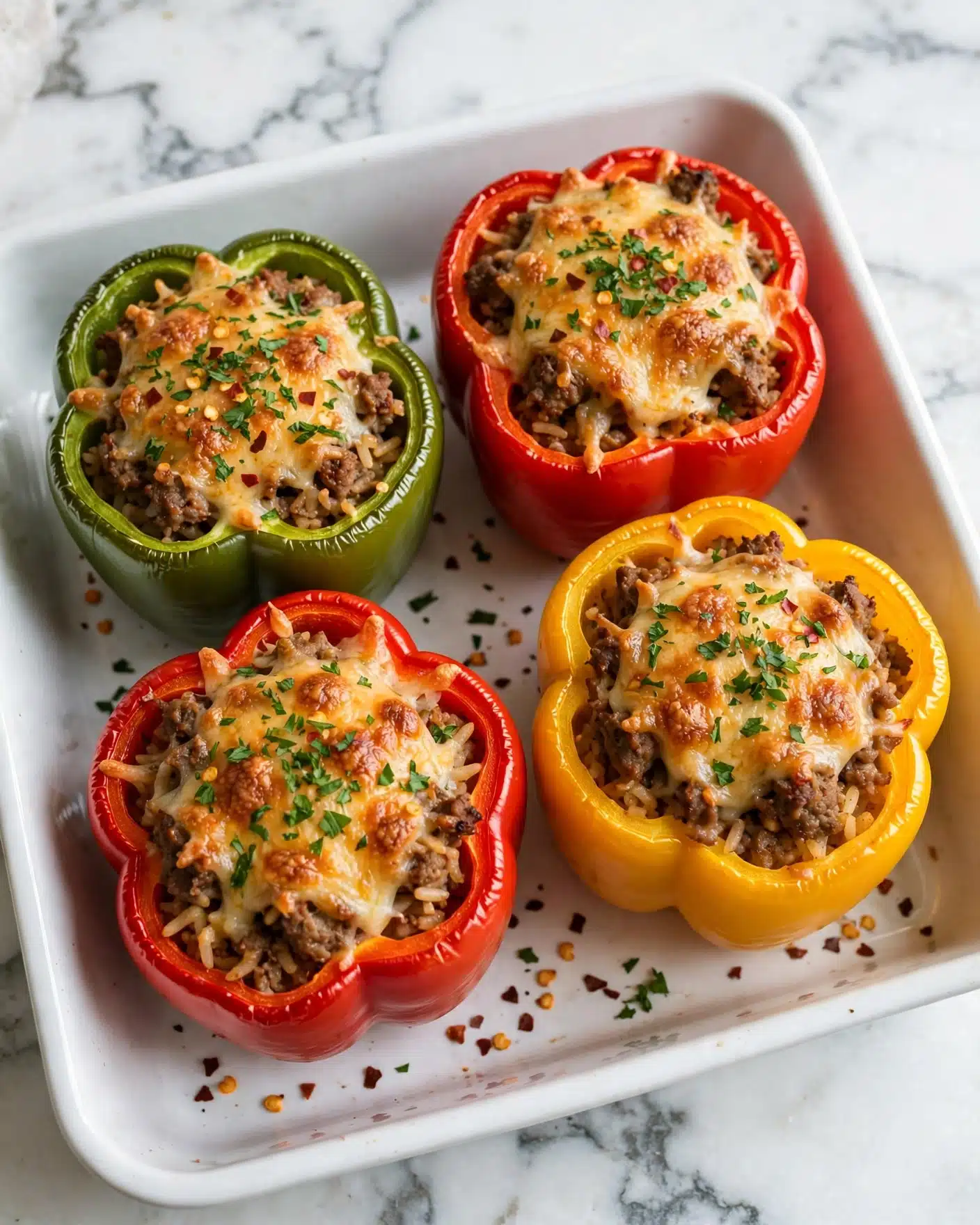 Four stuffed bell peppers sit in a white baking dish on a white marbled surface. Each pepper is hollowed and filled with a mixture of browned meat and rice, topped with a thick layer of melted, golden-brown cheese that has a slight crispy texture. The peppers are vibrant in color: one green, two red, and one yellow. Fresh green herbs are sprinkled on top of the cheese, adding a touch of freshness and color contrast. Some small red pepper flakes are scattered around the peppers on the dish. photo taken with an iphone --ar 4:5 --v 7