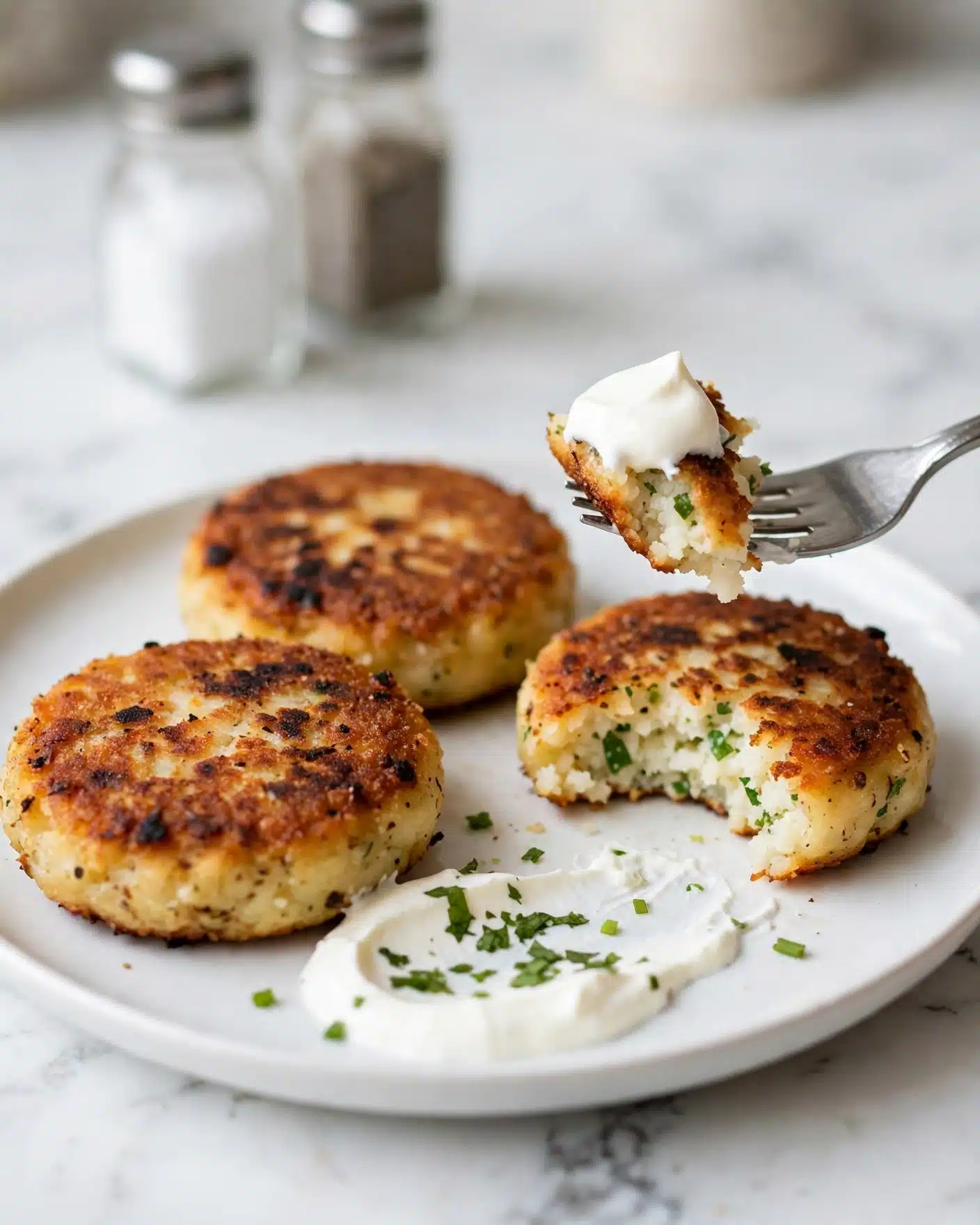 The image shows a white plate with three golden brown patties that have a crispy texture and visible char marks on top. One patty is partially eaten, revealing a soft, white inside with small green herb spots. A silver fork holds a piece of the patty topped with a dollop of smooth white sour cream. There is a smear of sour cream next to the patties decorated with small green herbs. The plate sits on a white marbled surface with a blurred salt and pepper shaker in the background. photo taken with an iphone --ar 4:5 --v 7