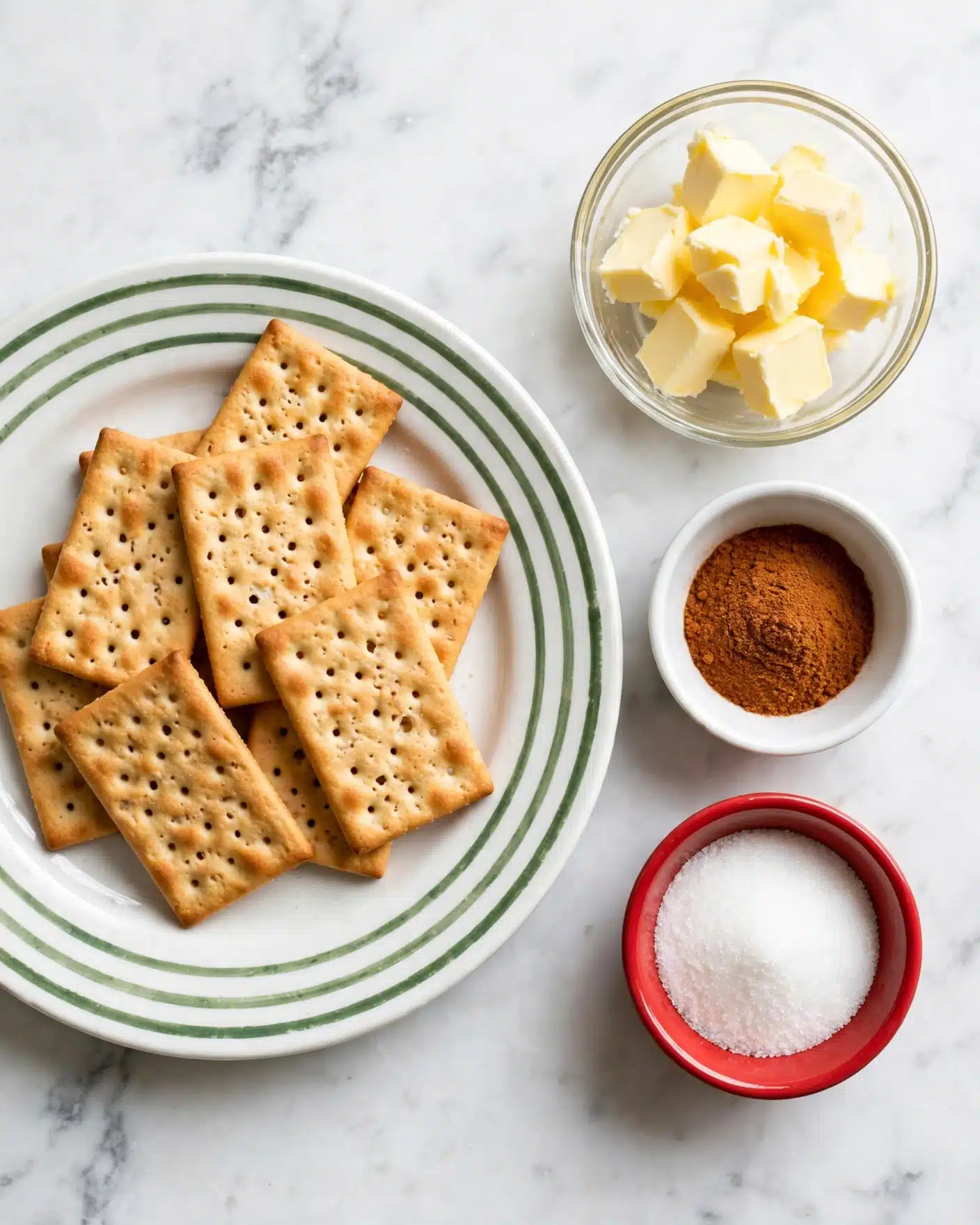 The image shows several light brown rectangular crackers with small holes stacked and leaning on each other on a white plate with green stripes, placed on a white marbled surface. To the right of the plate, there is a clear glass bowl filled with yellow butter chunks, a small white bowl holding reddish-brown powdered spice, and a small red bowl containing white granulated sugar, all arranged neatly. photo taken with an iphone --ar 4:5 --v 7
