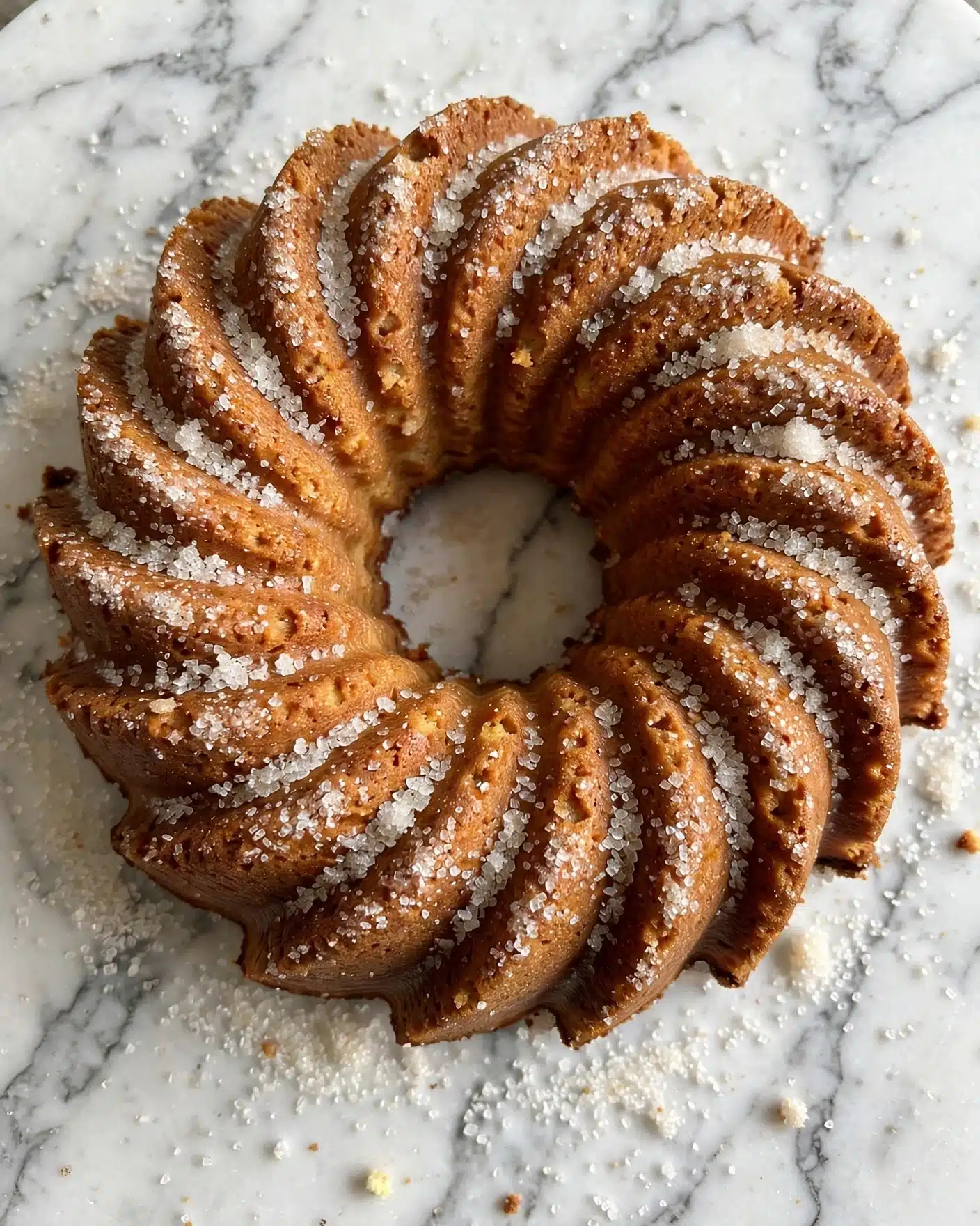 The image shows a close-up of a bundt cake with many curved ridges forming a ring shape. The cake is golden brown and has a rough texture, covered in a layer of sugar crystals sprinkled evenly on top and in the grooves. The cake sits on a white marbled surface with some sugar scattered around it. photo taken with an iphone --ar 4:5 --v 7
