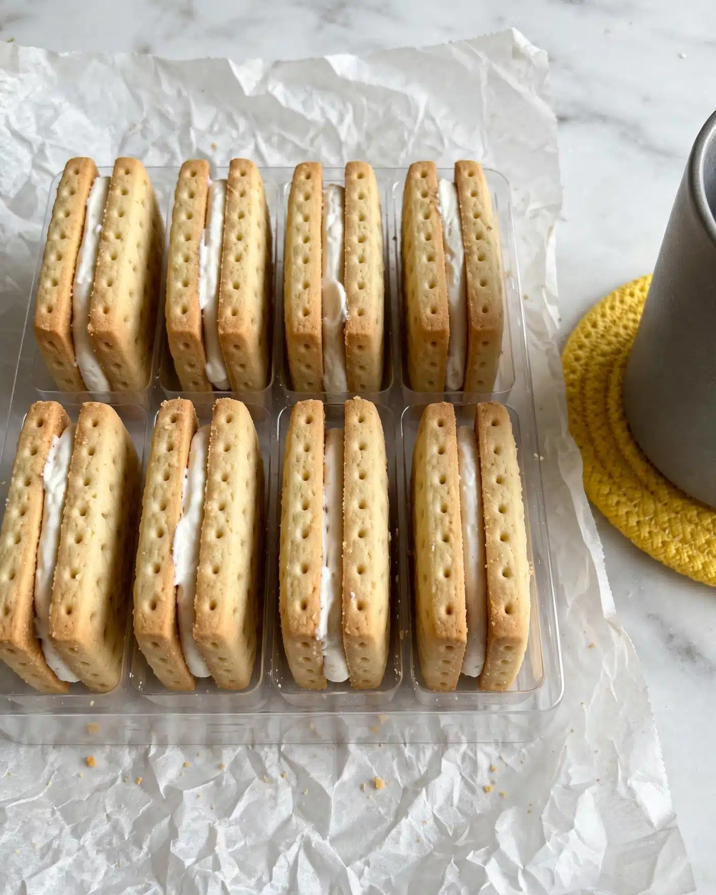 Two rows of rectangular cream-filled sandwich cookies are neatly lined up inside a clear plastic tray. Each cookie has a light golden color with a rough dotted pattern on top and a white cream layer inside. The tray is placed on a sheet of crumpled white baking paper, which rests on a white marbled surface. Next to the tray, part of a gray cup is visible, sitting on a bright yellow textured coaster. Photo taken with an iphone --ar 4:5 --v 7
