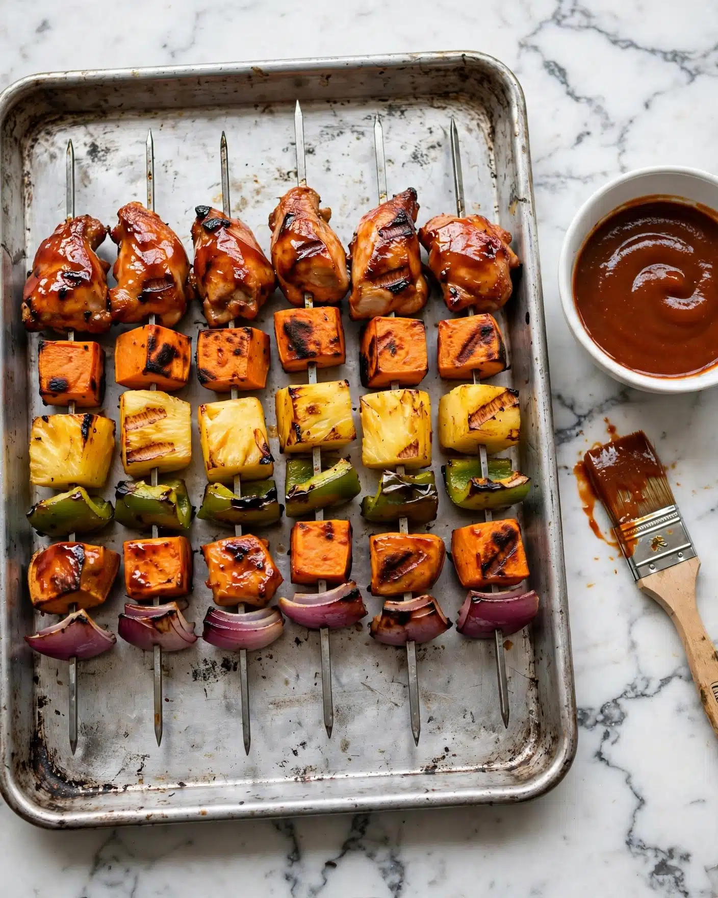 There are six metal skewers placed on a worn silver tray with grill marks on the food. Each skewer has layers including orange sweet potato cubes, yellow pineapple chunks, green bell peppers, red onion pieces, and grilled brown chicken pieces with a shiny glaze. Next to the skewers is a white bowl filled with reddish-brown sauce, and beside it is a paintbrush coated with the sauce. The surface underneath the tray has a white marbled texture. photo taken with an iphone --ar 4:5 --v 7