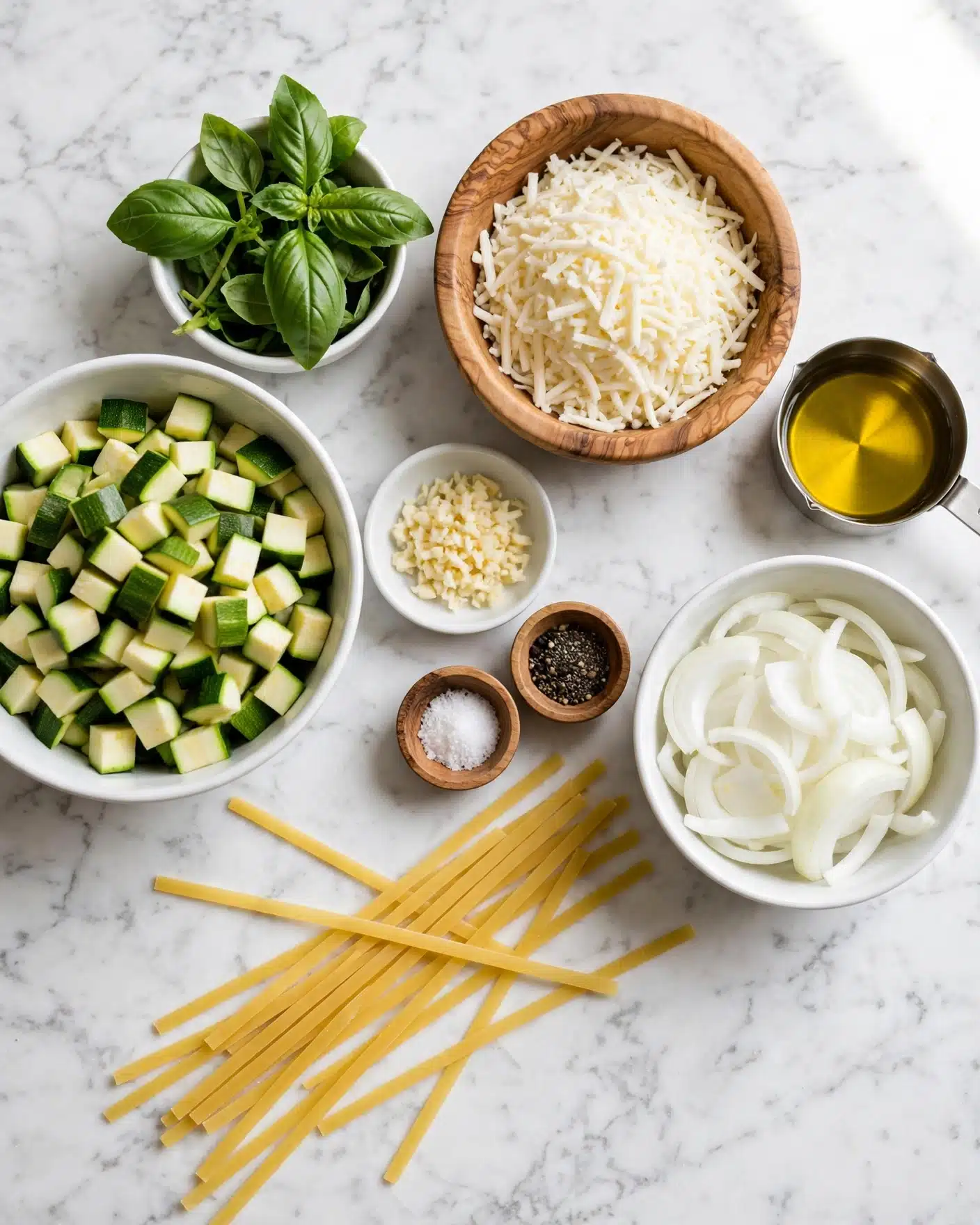 The image shows a white marbled surface with several bowls and ingredients laid out neatly. From left to right, there is a white bowl filled with chopped green zucchini pieces, above it a smaller white bowl with fresh green basil leaves. To the right, a wooden bowl holds shredded white cheese, next to it a small metal measuring cup with golden olive oil. Below the cheese bowl is a white bowl filled with sliced white onions. Between these bowls are small dishes: one white bowl with finely chopped garlic, and two tiny wooden bowls containing salt and black pepper. There are also several pieces of uncooked long yellow pasta placed diagonally on the surface. Photo taken with an iphone --ar 4:5 --v 7