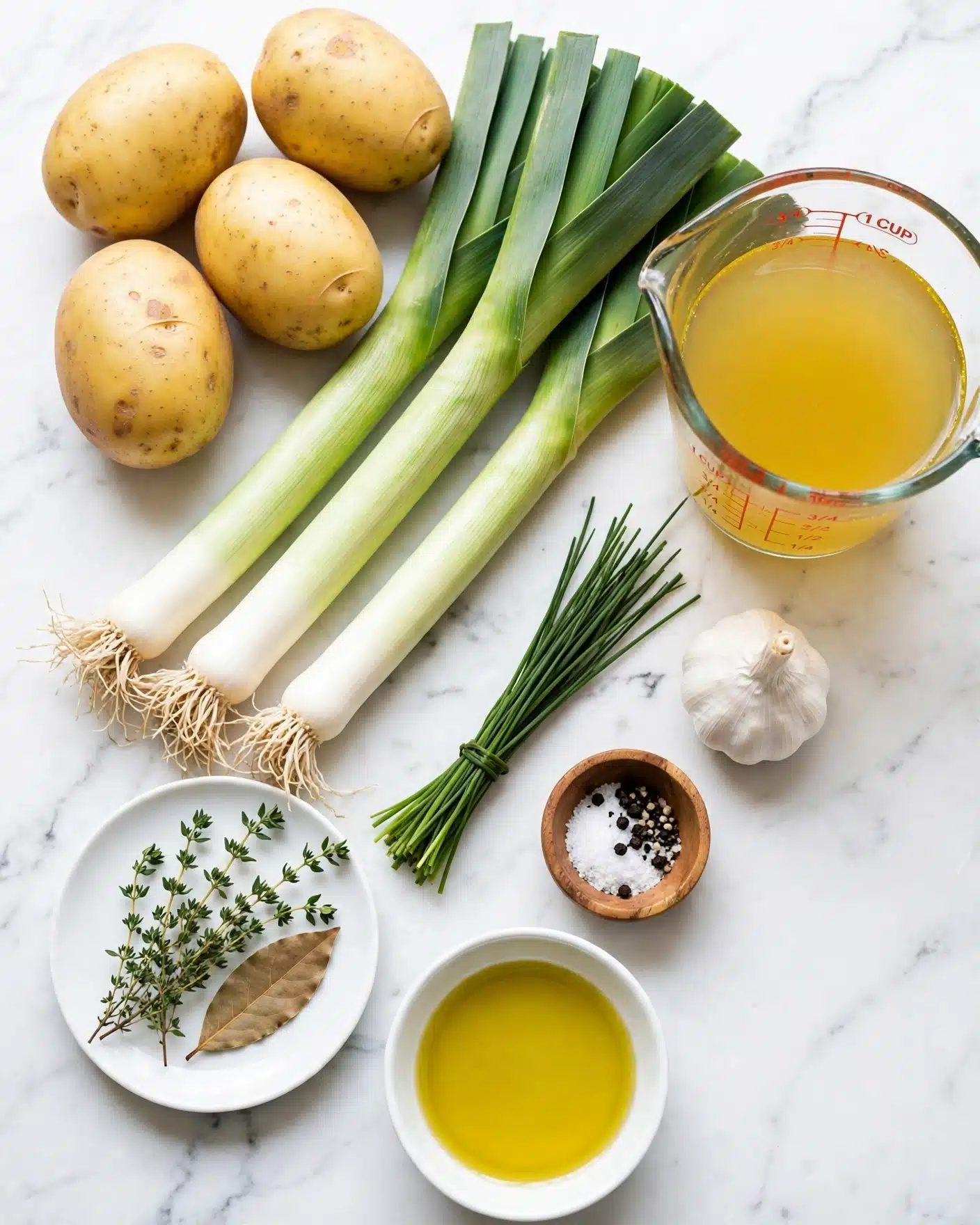 The image shows fresh ingredients laid out on a white marbled surface. There are four Yukon Gold Potatoes with light yellow skin, three long green and white leeks, a bunch of dark green chives, a bulb of white garlic, and a clear glass measuring cup filled with golden-yellow vegetable broth. Near the bottom left, a white plate holds green thyme sprigs and one brown bay leaf. Next to the plate is a small wooden bowl with white salt and black pepper. A small white bowl contains light yellow olive oil. The setup is bright and clean, with a natural and fresh look. photo taken with an iphone --ar 4:5 --v 7