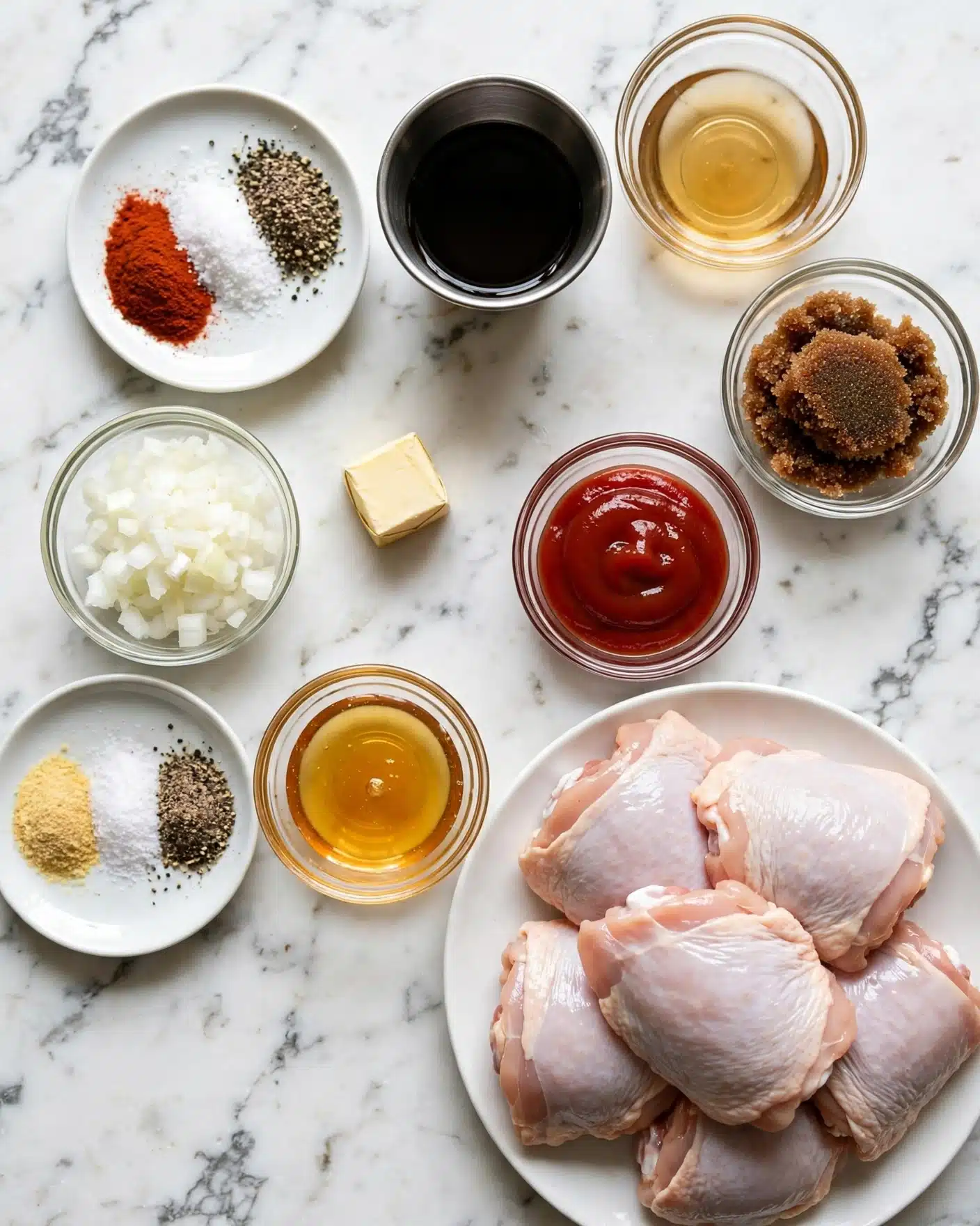 The image shows a flat lay of raw chicken thighs piled on a round white plate at the bottom right. Surrounding the chicken are small glass and white dishes with different ingredients arranged loosely in a circle on a white marbled surface. From top left going clockwise, there is a small white dish with stacked piles of red spice, salt, and black pepper; a small metal cup with dark soy sauce; a small glass bowl with clear light amber liquid; another glass bowl with thick dark brown sugar; a glass bowl filled with bright red ketchup; a clear glass bowl of light golden honey; a small white dish with light yellow garlic powder, salt, and pepper; and a small glass bowl with chopped white onions. A small wrapped cube of butter sits near the center of the image. Photo taken with an iphone --ar 4:5 --v 7
