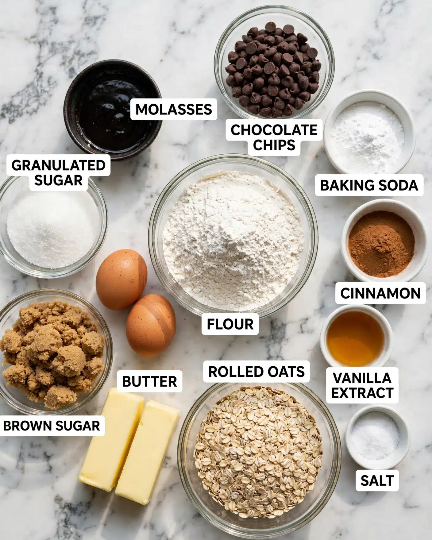 The image shows 11 clear glass bowls and small white bowls arranged on a white marbled surface, each filled with different baking ingredients. In the center is a bowl with white flour, while two eggs sit to the left of it directly on the surface. Moving clockwise from the flour bowl at top center is a glass bowl filled with dark brown chocolate chips, a small white bowl with white baking soda, a small white bowl with brown cinnamon powder, another small white bowl with amber vanilla liquid, and a tiny white bowl with white salt. Below the salt is a large bowl filled with pale brown rolled oats. To the left of the oats are two sticks of yellow butter placed side by side. Next is a glass bowl with light brown packed brown sugar, a small dark bowl with black molasses, and a clear bowl with white granulated sugar below the eggs. Each ingredient is labeled with bold black text on white rectangles placed on or near each bowl. Photo taken with an iphone --ar 4:5 --v 7