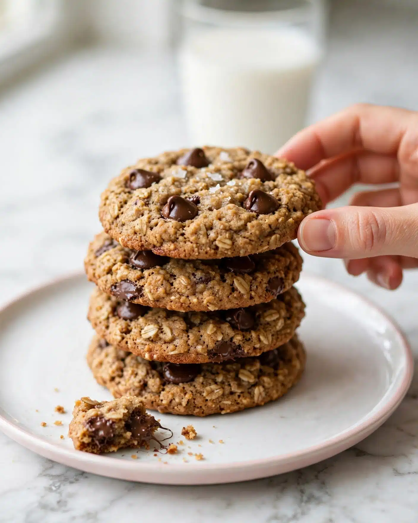 A stack of four thick oatmeal chocolate chip cookies sits on a white plate with a pale pink rim, arranged neatly with the bottom cookie fully visible and the others stacked above it. Each cookie has a rough, textured surface showing the oats, with dark brown, glossy chocolate chips scattered on top and throughout. The top cookie has a few flakes of salt visible. To the right, a woman's hand is gently lifting the top cookie. In the foreground near the plate edge, a small broken cookie piece reveals the soft interior with melted chocolate. The background is a white marbled texture with a blurred glass of milk visible behind the cookies. photo taken with an iphone --ar 4:5 --v 7