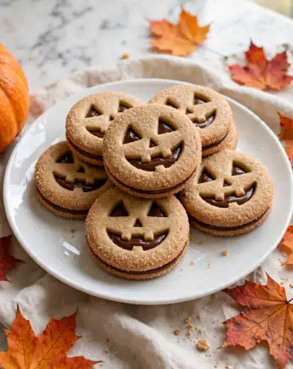 The image shows several round pretzel-shaped cookies with a light brown color and a sugar coating on top. Each cookie has a thick, glossy dark chocolate layer peeking through the pretzel-shaped cutouts. The cookies are piled on a white plate with a glossy surface and placed on a light beige cloth. Around the plate and on the cloth, there are orange and red autumn leaves adding a warm and cozy feeling to the scene. Part of a small orange pumpkin with a rough texture is visible on the left side of the image. The overall scene has a soft, natural light with a white marbled texture as the background. Photo taken with an iphone --ar 4:5 --v 7