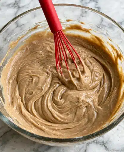 Homemade Pumpkin Roll with Cream Cheese Frosting Recipe 4 A close-up view of a clear glass bowl filled with a thick, smooth, light brown batter. The batter shows visible swirls and ridges made while mixing. Four colorful whisks—orange, red, purple, and yellow—are partially dipped into the batter, with their handles resting on the edge of the bowl. The bowl sits on a white marbled surface, and the texture of the batter looks creamy and dense. Photo taken with an iphone --ar 4:5 --v 7
