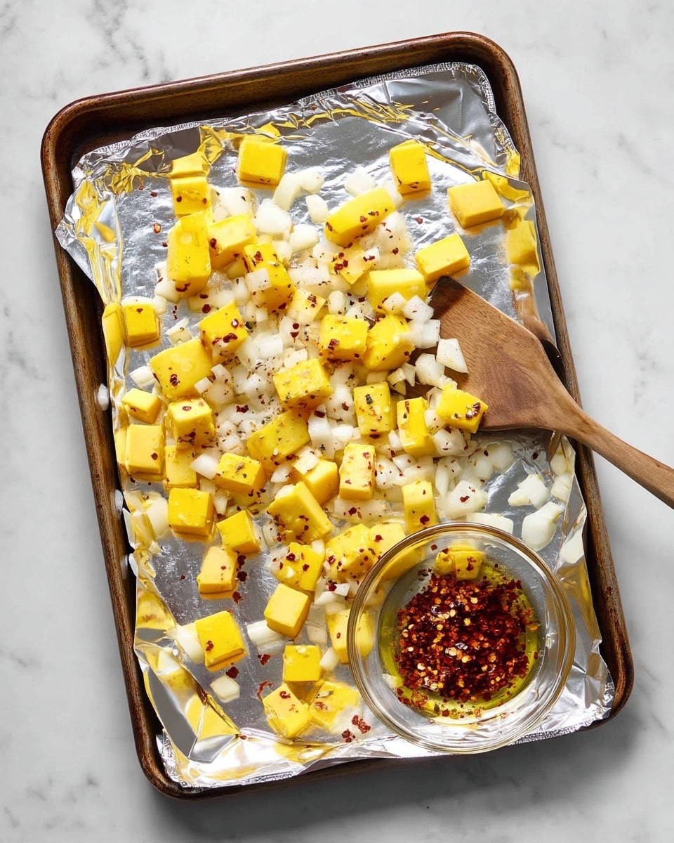 The image shows a baking tray lined with shiny aluminum foil, filled with small yellow cubes of cheese and white chopped onions scattered evenly across the tray. A wooden spatula rests on the right side of the tray, partially covered with some cheese and onions. To the lower right side, there is a small clear glass bowl containing oil sprinkled with red chili flakes next to a wooden utensil. The surface under the tray is a white marbled texture. Photo taken with an iphone --ar 4:5 --v 7