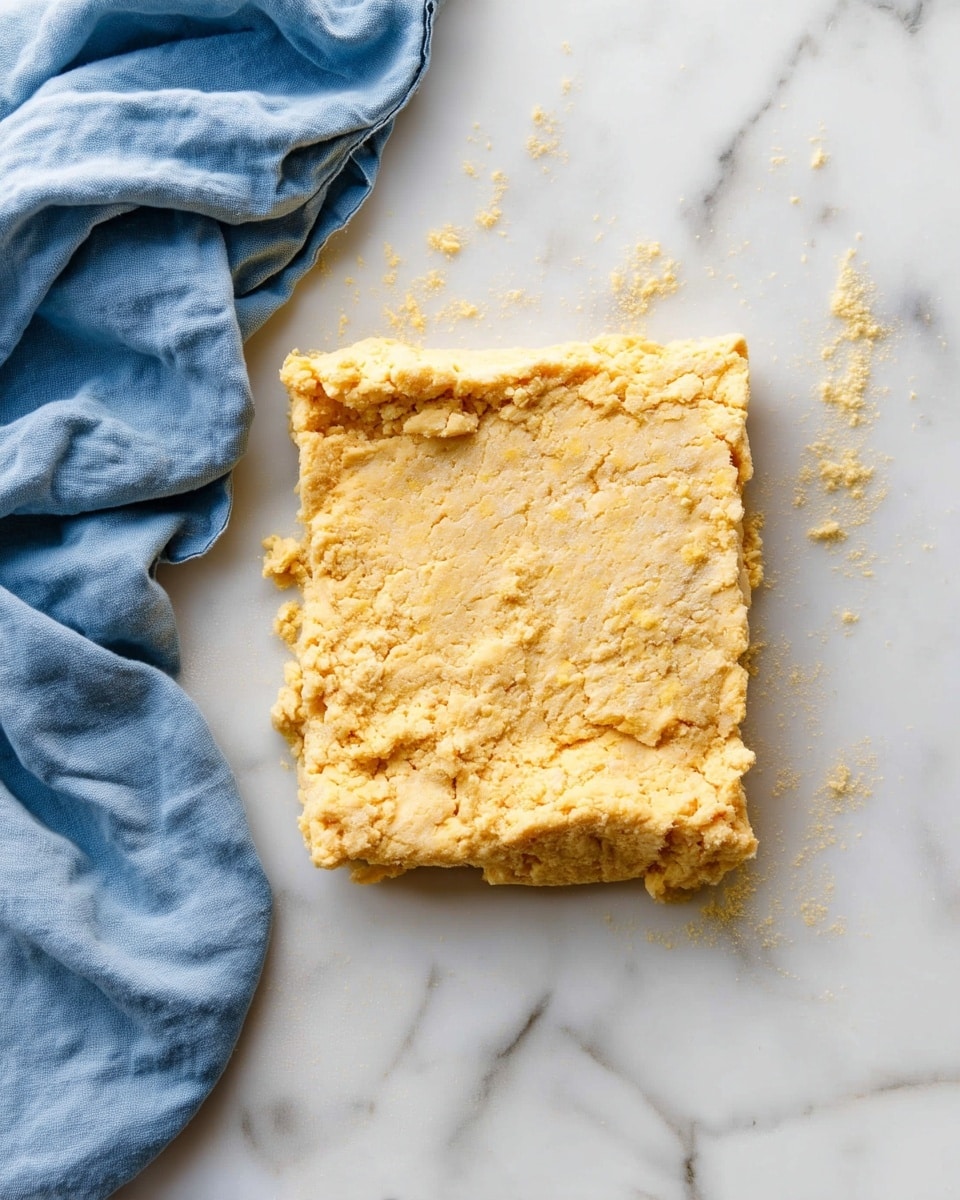 A roughly square dough with a golden yellow color is placed flat on a white marbled surface, its texture slightly crumbly but holding together smoothly. The edges are uneven and irregular, clearly showing the handmade quality. To the left of the dough, a soft blue cloth is casually folded. The photo taken with an iphone --ar 4:5 --v 7